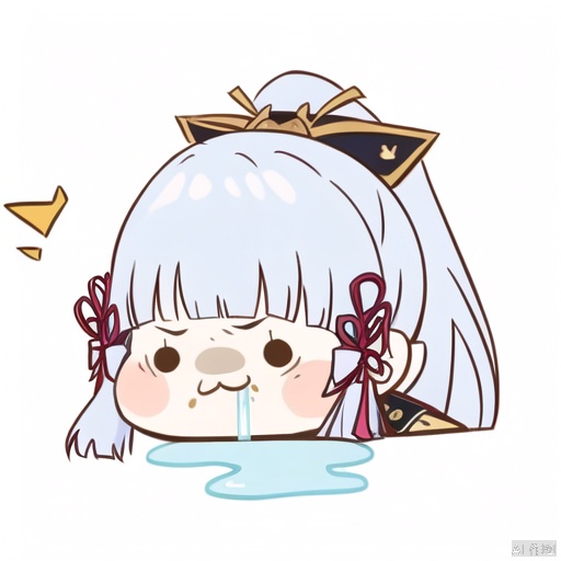 drooling, 1girl, chibi, kamisato ayaka, white background, solo, bangs, simple background, blunt bangs, ponytail, :3, blush stickers, long hair, hair ribbon, solid circle eyes, ribbon, food, sidelocks, blue hair, food on face, hair ornament