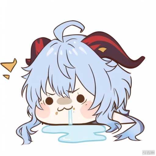 drooling, ganyu \(genshin impact\), chibi, horns, blue hair, ahoge, white background, no humans, simple background, solo, 1girl, blush, solid circle eyes, :3, bangs, ^^^, long hair, food