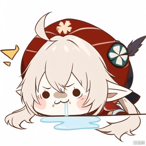 drooling, 1girl, chibi, klee \(genshin impact\), solo, hat, simple background, white background, ahoge, bangs, :3, red headwear, cabbie hat, twintails, long hair, hair between eyes, pointy ears, hat feather, low twintails, clover print, sidelocks, light brown hair, looking at viewer, hat ornament, v-shaped eyebrows, food on face