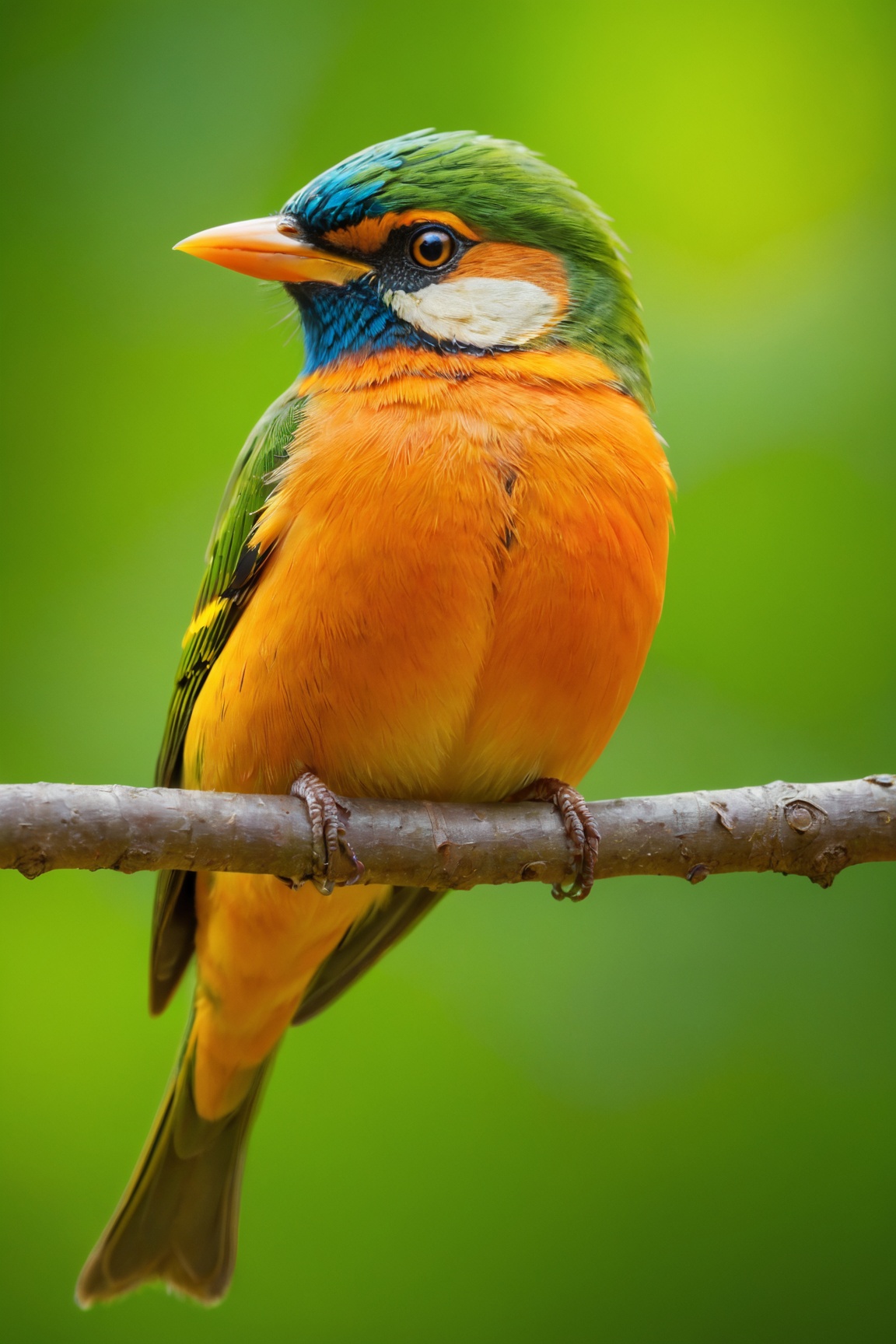 a colorful bird sitting on a tree branch, capturing the intricate details with macro photography, vibrant colors and the smallest of details, showcasing the beauty of nature, (best quality, 4K, highres, realistic:1.37) to ensure a masterpiece, capturing the bird's feather patterns in ultra-detailed precision, emphasizing the distinct hues and shades, highlighting the bird's unique characteristics, the luscious green of the tree branch contrasting with the rich, vibrant colors of the bird, creating a visually stunning image, with studio lighting to enhance the bird's features, capturing its beady eyes and delicate beak, the soft glow of natural sunlight illuminating the scene, creating a warm and welcoming atmosphere.