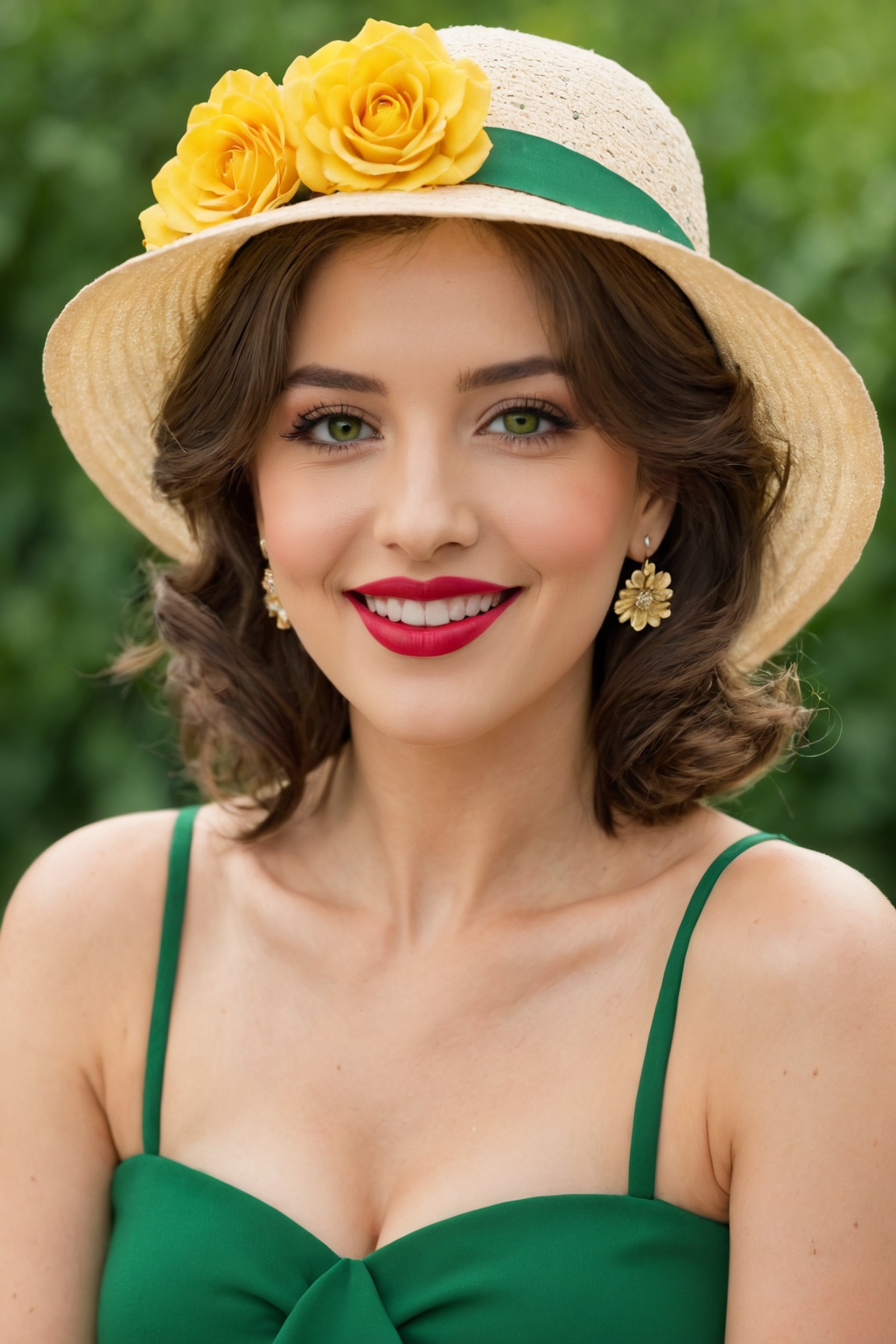 (best quality, 4k, 8k, highres, masterpiece:1.2), ultra-detailed, (realistic, photorealistic, photo-realistic:1.37), 1girl,solo,breasts,looking at viewer,cute smile,short hair,brown hair,black hair,hat,dress,jewelry,medium breasts,green eyes,upper body,flower,earrings,parted lips,lips,eyelashes,makeup,rose,leaf,hat ribbon,plant,nature,curly hair,green dress,sun hat,yellow flower,nose,green headwear,hat flower,red lips,green theme
