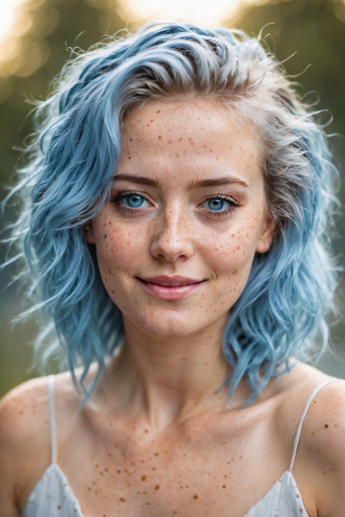(best quality, 4k, 8k, highres, masterpiece:1.2), ultra-detailed, (realistic, photorealistic, photo-realistic:1.37), blue messy hair, light blue eyes, freckles, women, portrait, cinematic, bokeh, soft lighting, ethereal atmosphere, dreamy expressions, dynamic composition, textured background, vivid colors, subtle smile, graceful pose, professional, artistic, portrait, photography