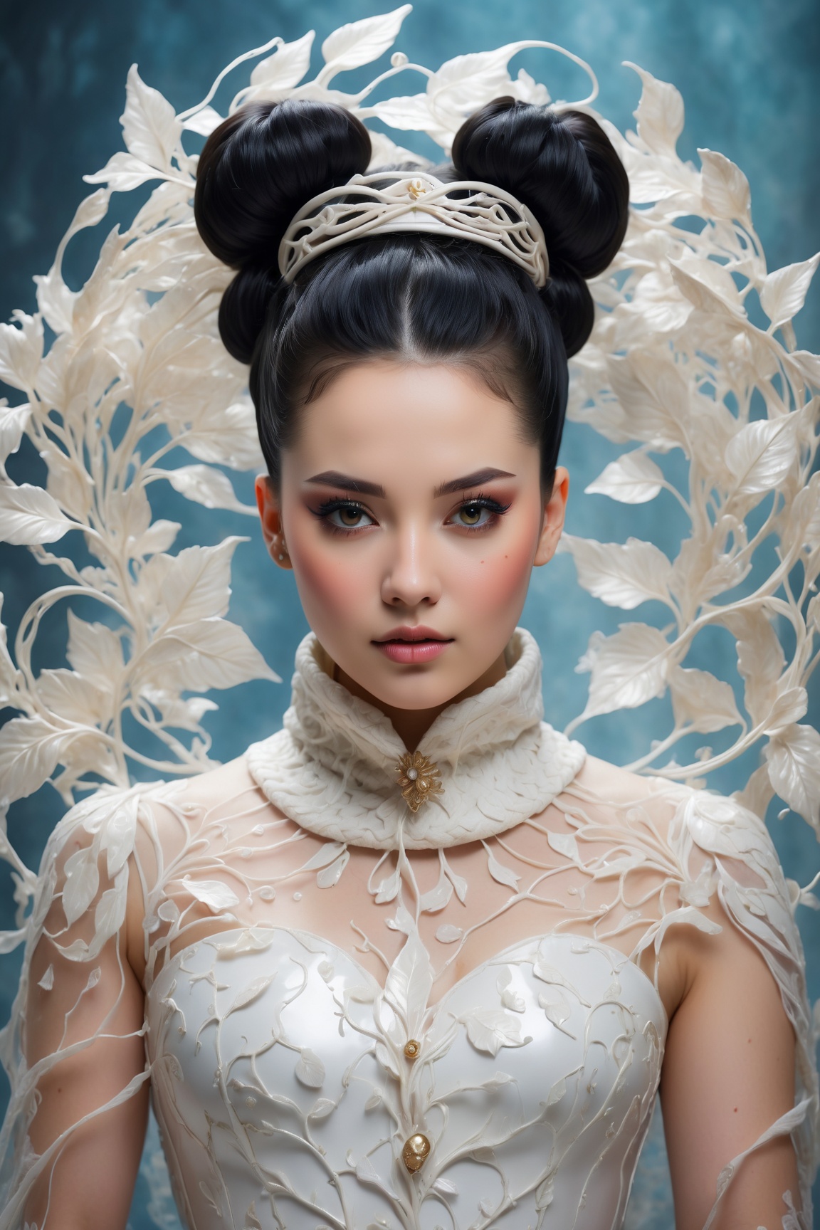 (best quality,8K,highres,masterpiece), ultra-detailed portrait showcasing a surreal harmony with a super closeup of an elegant royal female maid. The portrait features a high collar adorned with intricate details, complemented by a flamboyant luminous scarf that exudes an ethereal glow. The maid's body form resembles that of ergo Proxy, adding an otherworldly element to the composition. Her messy black hair is styled into a bun, adorned with freckles that add a touch of whimsy to her appearance. Despite her weak luminosity, her blushed questioning look from beneath captures the viewer's attention. She wears a knitted hairband and knitted wooly stockings, adding texture and warmth to her ensemble. Surrounding her is a wind leaf vortex, consisting of translucent, levitating luminous leaves that evoke an art nouveau style. This artwork is a mesmerizing blend of fantasy and elegance, inviting viewers to explore its intricate details and whimsical charm.