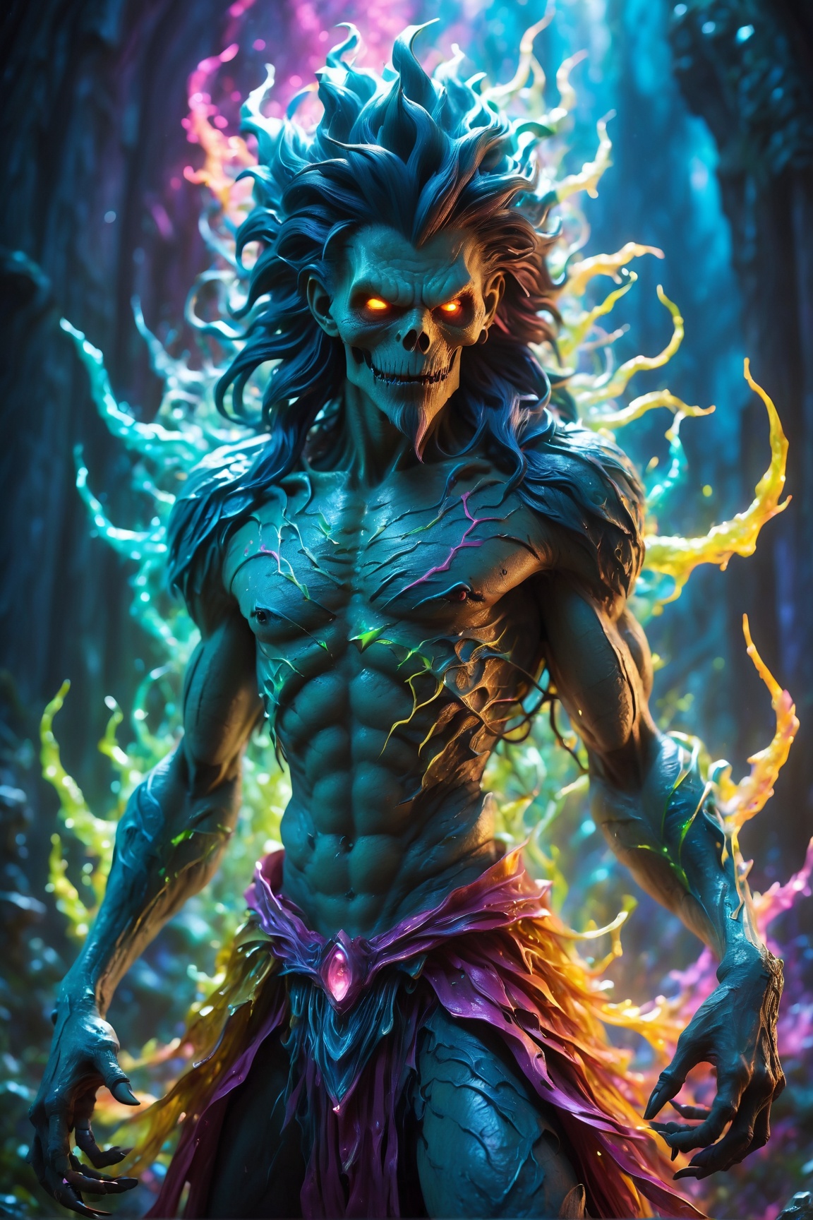 (best quality, 8K, highres, masterpiece), ultra-detailed, (photorealistic, cinematic), illustration painting of a luminous and enchanting bad guy undead/human-like creature with vibrant and dynamic anime-style colors. The creature, with dark, colorful hair, strikes a dynamic pose in a brilliantly lit fantasy realm environment filled with a kaleidoscope of colors. The mid-shot composition and rule of thirds depth of field emphasize intricate details, creating a fantastical realm that bursts with subtle and vibrant colors. The use of light particles enhances the scene's grandeur and awe, making it a stunning visual masterpiece in a double-exposure style. The strong outlines contribute to the scene's cinematic feel, creating a super colorful and visually captivating narrative