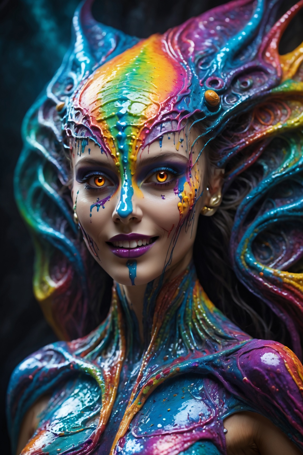 best quality, 8k, ultra-detailed, realistic:1.37, vibrant colors, vivid shading, breathtaking portrait of an alien shapeshifter entity, mesmerizing eyes, intricate facial details, otherworldly skin texture, insane smile, unnerving and intricate complexity, surreal horror atmosphere, dark shadows, inverted neon rainbow drip paint, ethereal glow, hypnotic energy, transcendent beauty, mystical aura, octane render