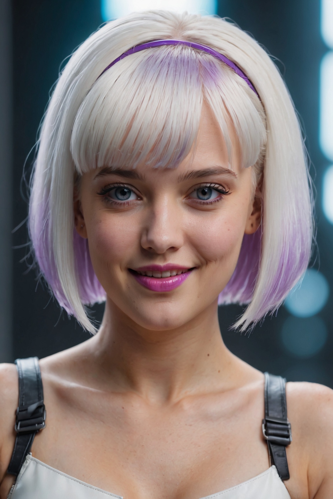 (best quality, 4k, 8k, highres, masterpiece:1.2), ultra-detailed, (realistic, photorealistic, photo-realistic:1.37), 1girl,solo,looking at viewer,short hair,cute smile,bangs,blonde hair,closed mouth,purple eyes,upper body,white hair,lips,glowing,headgear,portrait,science fiction,realistic,android,cyborg,cyberpunk