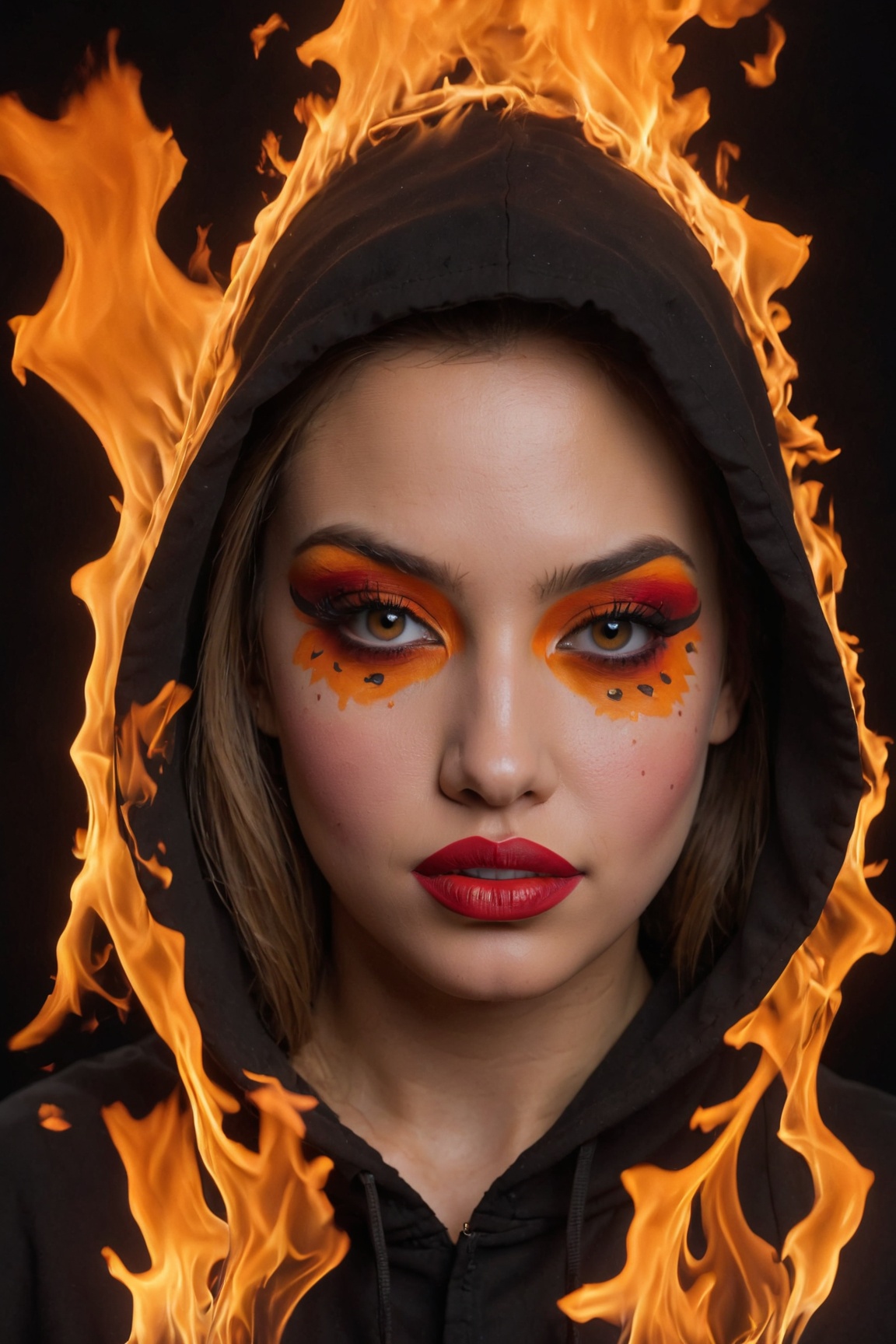 (best quality, 4k, 8k, highres, masterpiece:1.2), ultra-detailed, (realistic, photorealistic, photo-realistic:1.37), 1girl,solo,looking at viewer,parted lips,black hood,lips,orange eyes,makeup,facial mark,fire,black background,portrait,blac hood up,realistic,red lips,facepaint,dark theme