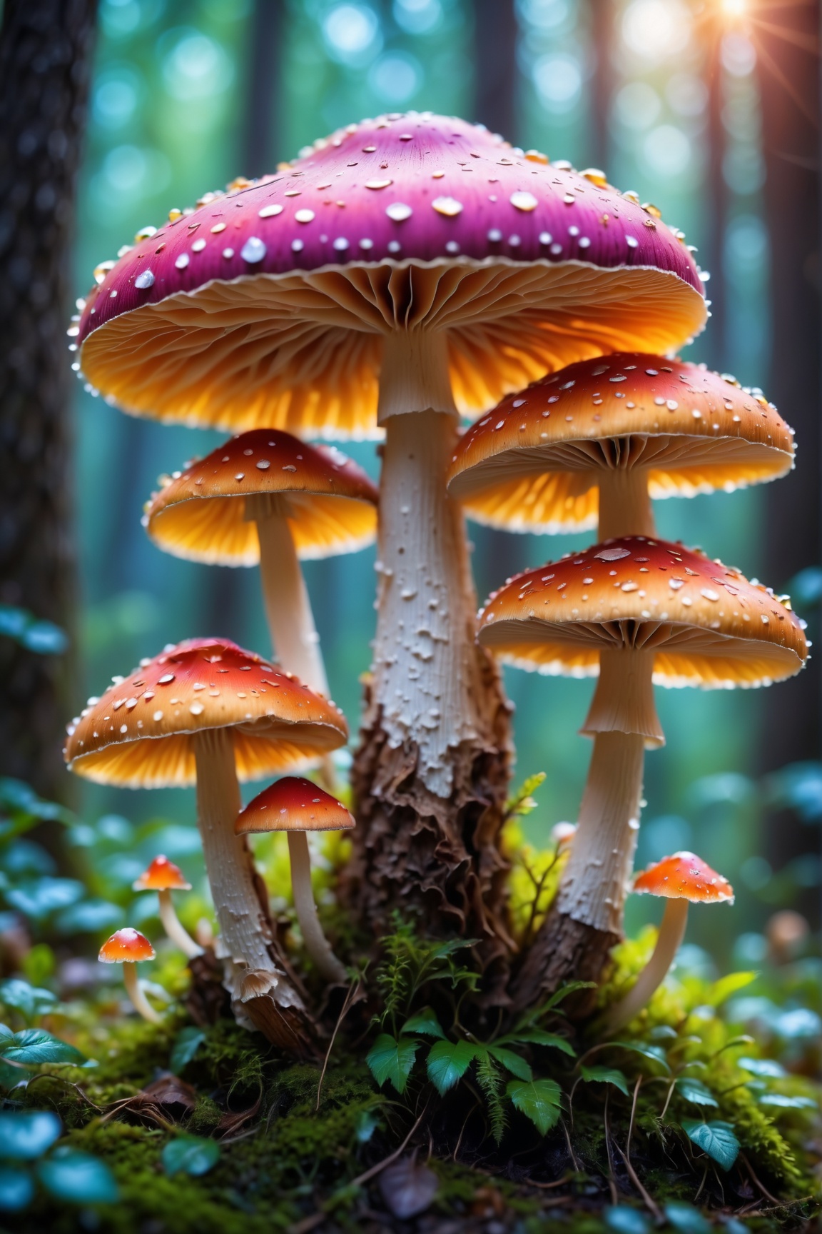 (best quality,4k,8k,highres,masterpiece:1.2),ultra-detailed,realistic, colorful mushrooms, close up, macro photography, vibrant colors, intricate patterns, magical forest theme, dreamlike atmosphere, soft lighting, bokeh, surreal art style
