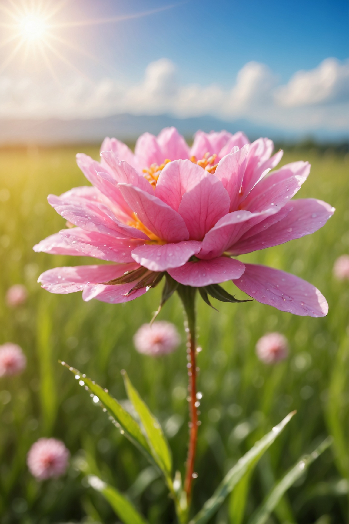 (best quality, 4k, 8k, highres, masterpiece:1.2), ultra-detailed, (realistic, photorealistic, photo-realistic:1.37), flower,outdoors,sky,day,cloud,blurry,depth of field,blurry background,leaf,grass,plant,nature,scenery,pink flower,field,still life
