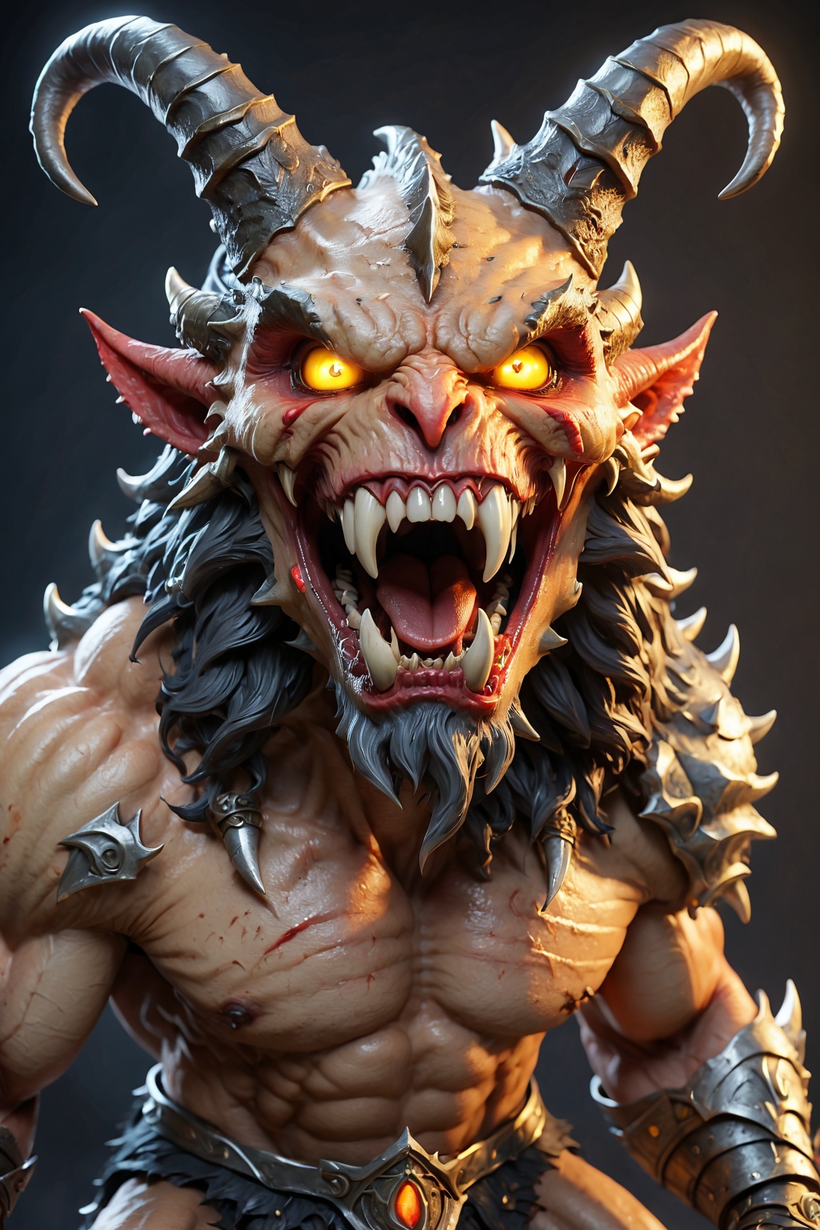 (best quality, 4k, 8k, highres, masterpiece:1.2), ultra-detailed, (realistic, photorealistic, photo-realistic:1.37), solo,looking at viewer,open mouth,1boy,yellow eyes,upper body,male focus,horns,teeth,armor,glowing,sharp teeth,glowing eyes,monster,demon,multiple horns