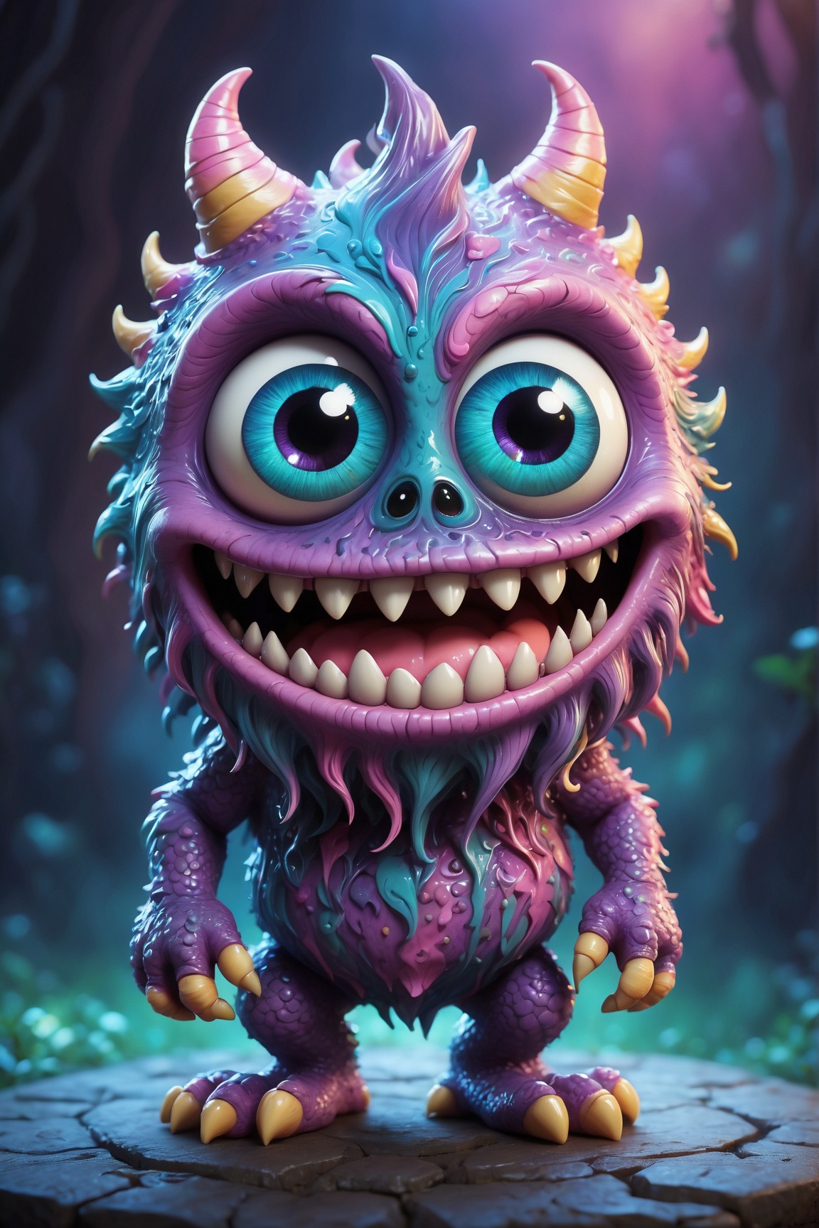 (best quality,8K,highres,masterpiece), ultra-detailed, capturing the whimsical essence of a cute, tiny monster with a distinctly creepy smile. This creature, while small in stature, boasts an array of vibrant colors and textures, making it stand out with its unique charm. Despite its eerie grin, there's an undeniable allure to its appearance, blending elements of the adorable with the slightly unsettling. The monster's eyes sparkle with mischief, suggesting a playful nature behind its unnerving smile. Its skin is highly textured, showcasing an array of soft, pastel shades that contrast with the darker, more mysterious tones of its grin. The background is deliberately blurred, focusing attention on the creature's expressive face and the intricate details that define its character. This portrayal combines the innocent with the eerie, inviting viewers into a world where even the smallest monsters carry a mix of cuteness and mystery.