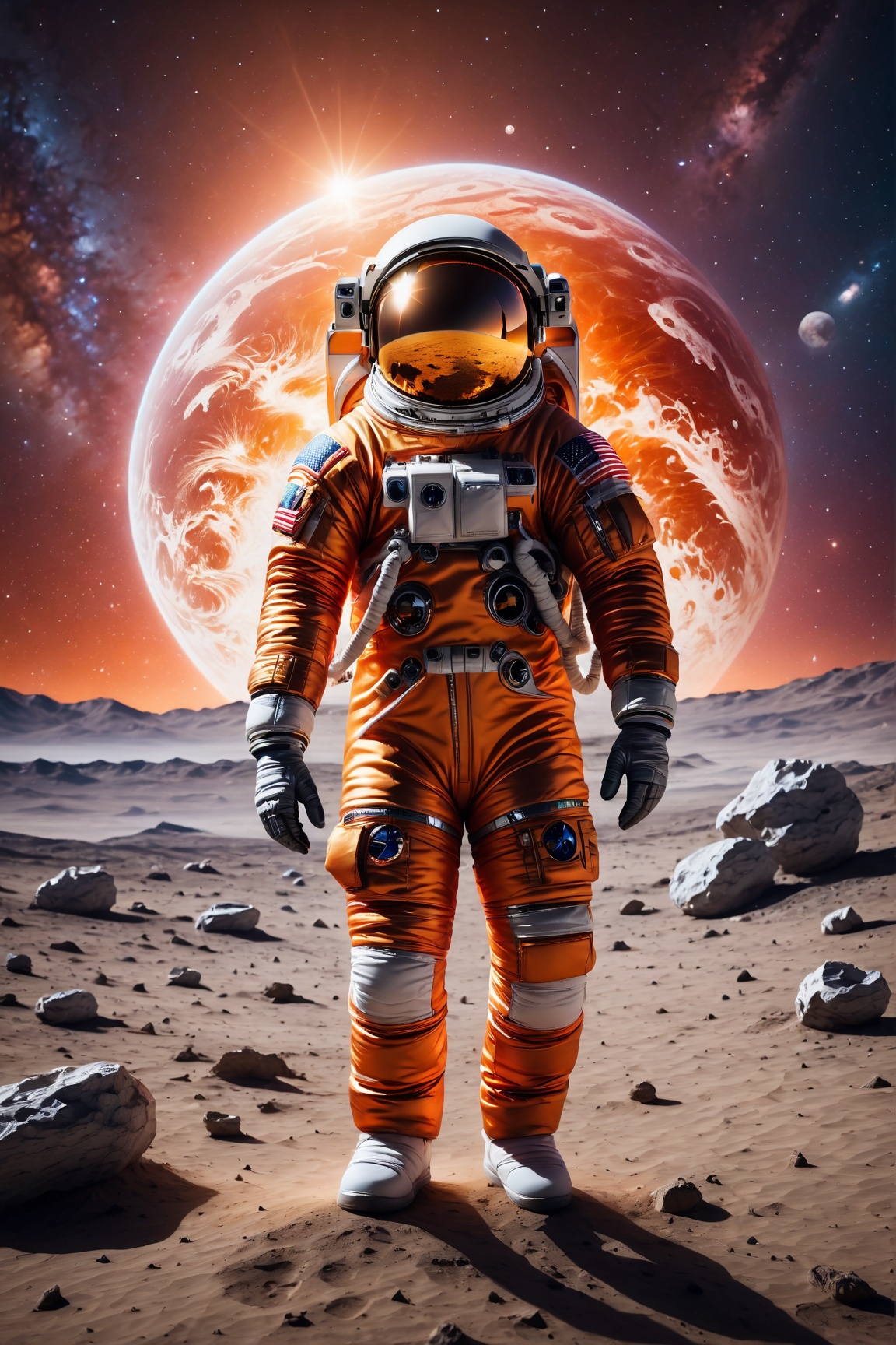 (best quality,4k,highres,masterpiece:1.2),ultra-detailed,realistic,photorealistic:1.37,astronaut,orange astronaut outfit,standing against a sunset background,surreal atmosphere,cosmic colors,vibrant orange tones,striking silhouette,star-filled sky,awe-inspiring view,glowing helmet reflection,flawless spacesuit,ornate details,meticulously crafted visor,elegant posing,captivating celestial scenery,serene and dreamlike setting,extravagant cosmic perspective,ray of sunlight illuminating the astronaut,sublime space exploration,otherworldly experience