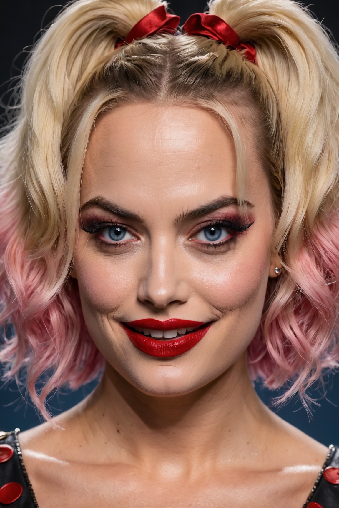 (best quality,4k,8k,highres,masterpiece:1.2),ultra-detailed,(realistic,photorealistic,photo-realistic:1.37),Harley Quinn,Margot Robbie,creepy makeup,portrait,high contrast,deep shadows,vivid colors,expressive eyes,detailed facial features,evil smile,colorful hair,gritty texture,dark background,cinematic lighting,comic book style,gothic elements,haunting atmosphere,sharp focus,smudged lipstick,crazy personality
