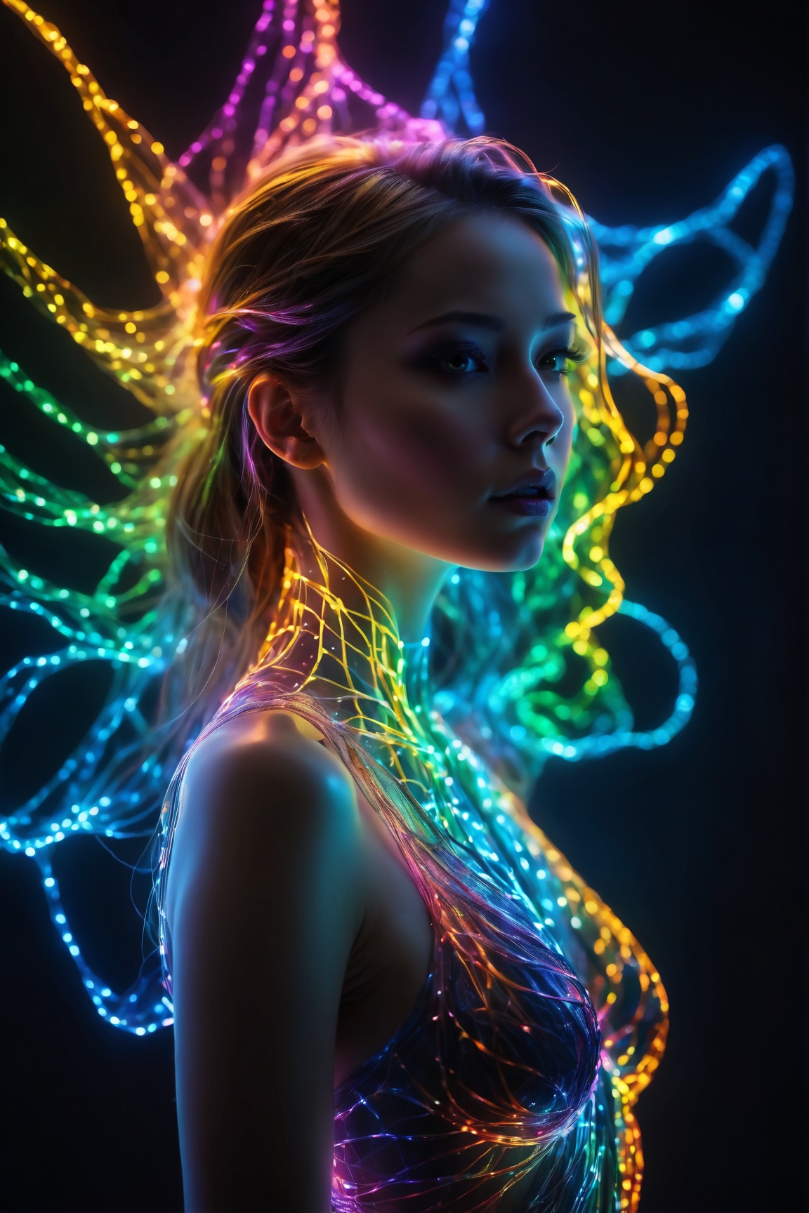 silhouette of a woman, phantasmagorical figure, translucent skin, translucent body, portrait, neon lights, light particles, colorful, cmyk colors, backlit, best quality, 4k, 8k, highres, masterpiece:1.2, ultra-detailed, realistic, photo-realistic:1.37, HDR, UHD, studio lighting, ultra-fine painting, sharp focus, physically-based rendering, extreme detail description, professional, vivid colors, bokeh, portraits, landscape, horror, anime, sci-fi, photography, concept artists, vibrant color palette, soft and warm lighting