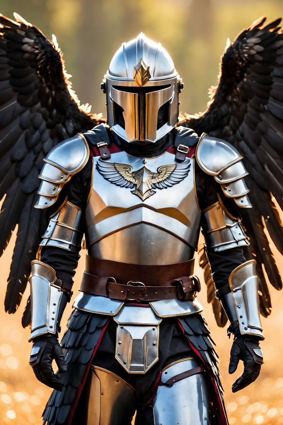 (best quality, 4k, 8k, highres, masterpiece:1.2), ultra-detailed, (realistic, photorealistic, photo-realistic:1.37), solo,1boy,standing,male focus,wings,armor,blurry,helmet,shoulder armor,gauntlets,feathered wings,1other,black wings,pauldrons,breastplate,knight,full armor,ambiguous gender,covered face