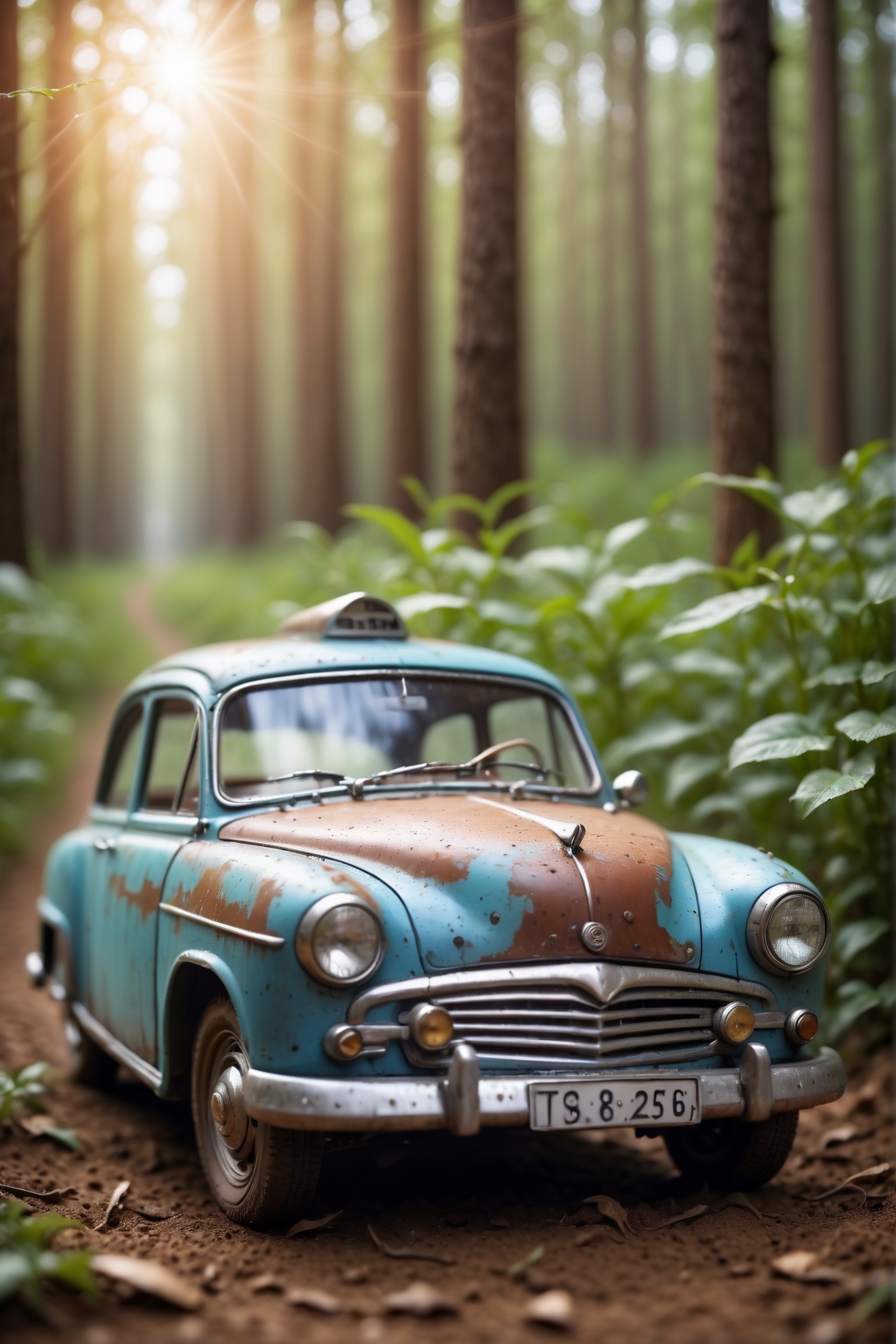 (best quality,8K,highres,masterpiece), an extraordinary macro shot capturing a tiny retro auto on slightly muddy ground. The scene is bathed in a fresh morning atmosphere, with soft bokeh creating a mesmerizing background. The close-up perspective highlights every intricate detail of the vintage vehicle, from its weathered exterior to its tiny wheels. The amazing depth of field draws the viewer's eye, immersing them in the scene and evoking a sense of wonder. This artwork transports the audience to a nostalgic yet vibrant setting, where the beauty of the mundane is captured in stunning detail.