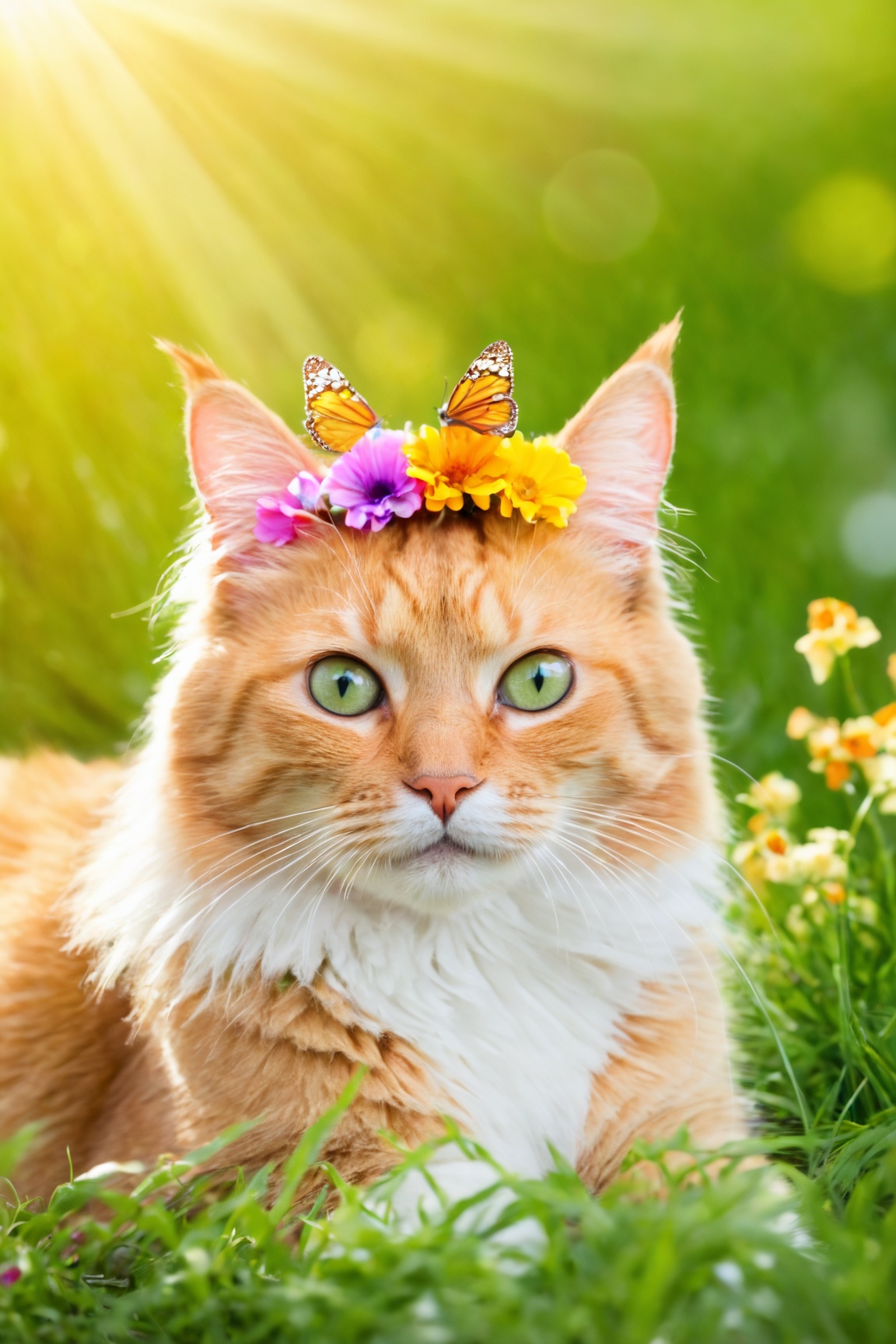 (cute),cat, outdoor,portrait,fuzzy tail,furry ears,playful eyes,sunlit garden,green grass,colorful flowers,whiskers,curious expression,textured fur,soft paws(paw pads:1.1),wagging tail,playful demeanor,catching butterflies,relaxed pose,vivid colors,bathing in sunlight,blinking eyes,exploring the garden,whiskers twitching,flower crown,sparkling eyes,Cat with a crown of flowers,carefree and happy,radiant sunshine,vector illustration,painterly style