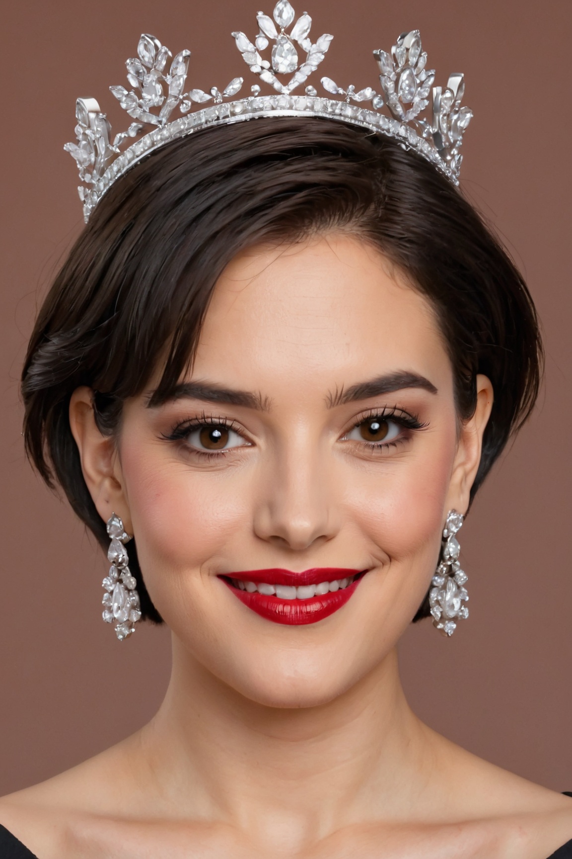 (best quality, 4k, 8k, highres, masterpiece:1.2), ultra-detailed, (realistic, photorealistic, photo-realistic:1.37), 1girl,solo,looking at viewer,short hair,black hair,hair ornament,brown eyes,jewelry,cute smile,upper body,earrings,lips,makeup,crown,lipstick,portrait,eyeshadow,high collar,realistic