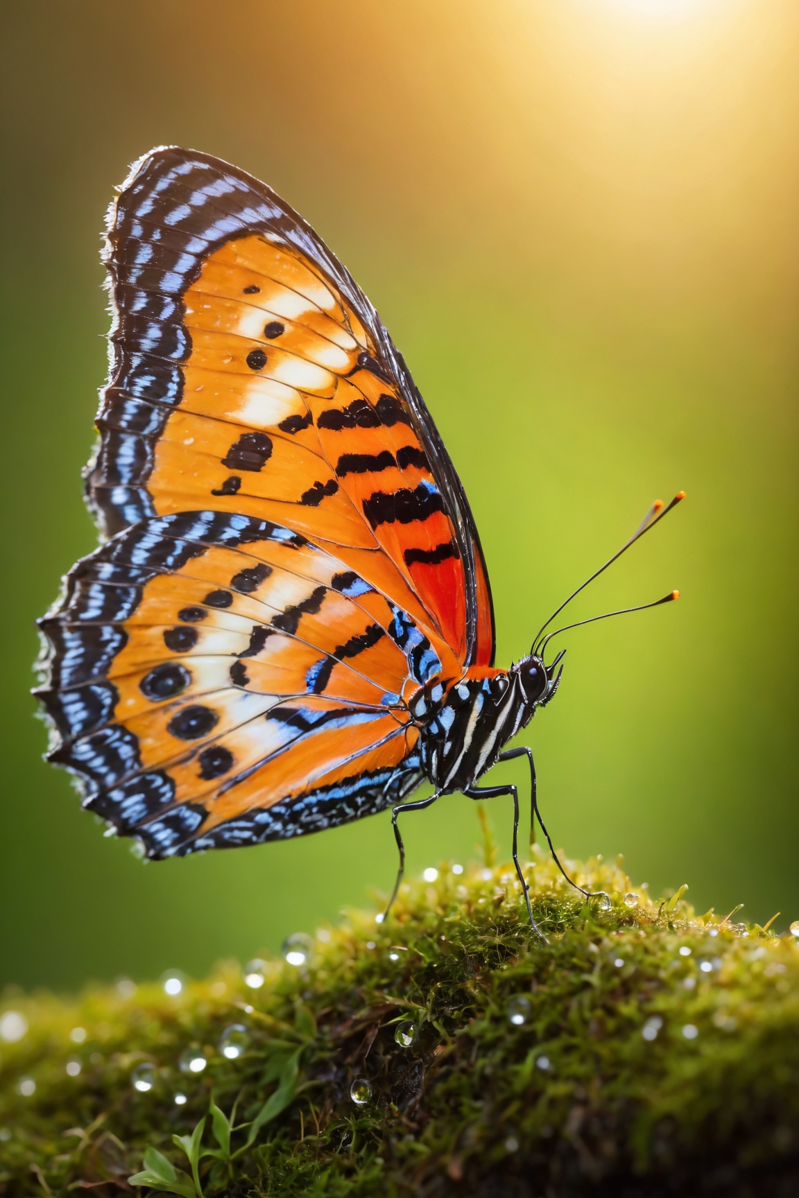 (best quality,4k,highres,masterpiece:1.2),ultra-detailed,extremely vibrant butterfly with dew on a moss, glowing under the soft morning light of a sunrise in the background. The macro shot captures the colorful details of the butterfly's delicate wings, showcasing its intricate patterns and mesmerizing beauty. The dew drops on the moss add a touch of freshness and enhance the overall atmosphere of the scene. The natural lighting creates a soft, ethereal glow, illuminating the butterfly and highlighting its vibrant colors. The bokeh in the background adds a dreamy and magical feel to the composition, further enhancing the sense of wonder and tranquility. Get ready to be captivated by the vivid and vibrant world of this enchanting butterfly in the midst of nature's serene and peaceful embrace.