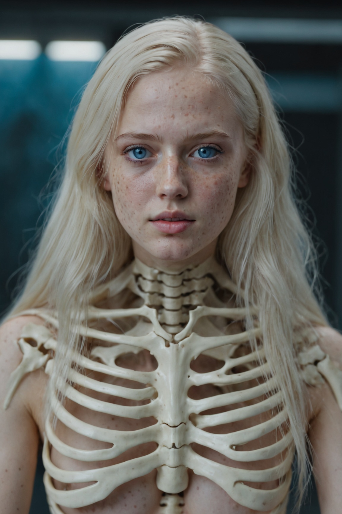 (best quality, 4k, 8k, highres, masterpiece:1.2), ultra-detailed, (realistic, photorealistic, photo-realistic:1.37), 1girl,solo,long hair,looking at viewer,blue eyes,blonde hair,upper body,white hair,nude,lips,freckles,science fiction,realistic,nose,ribs,skeleton,spine