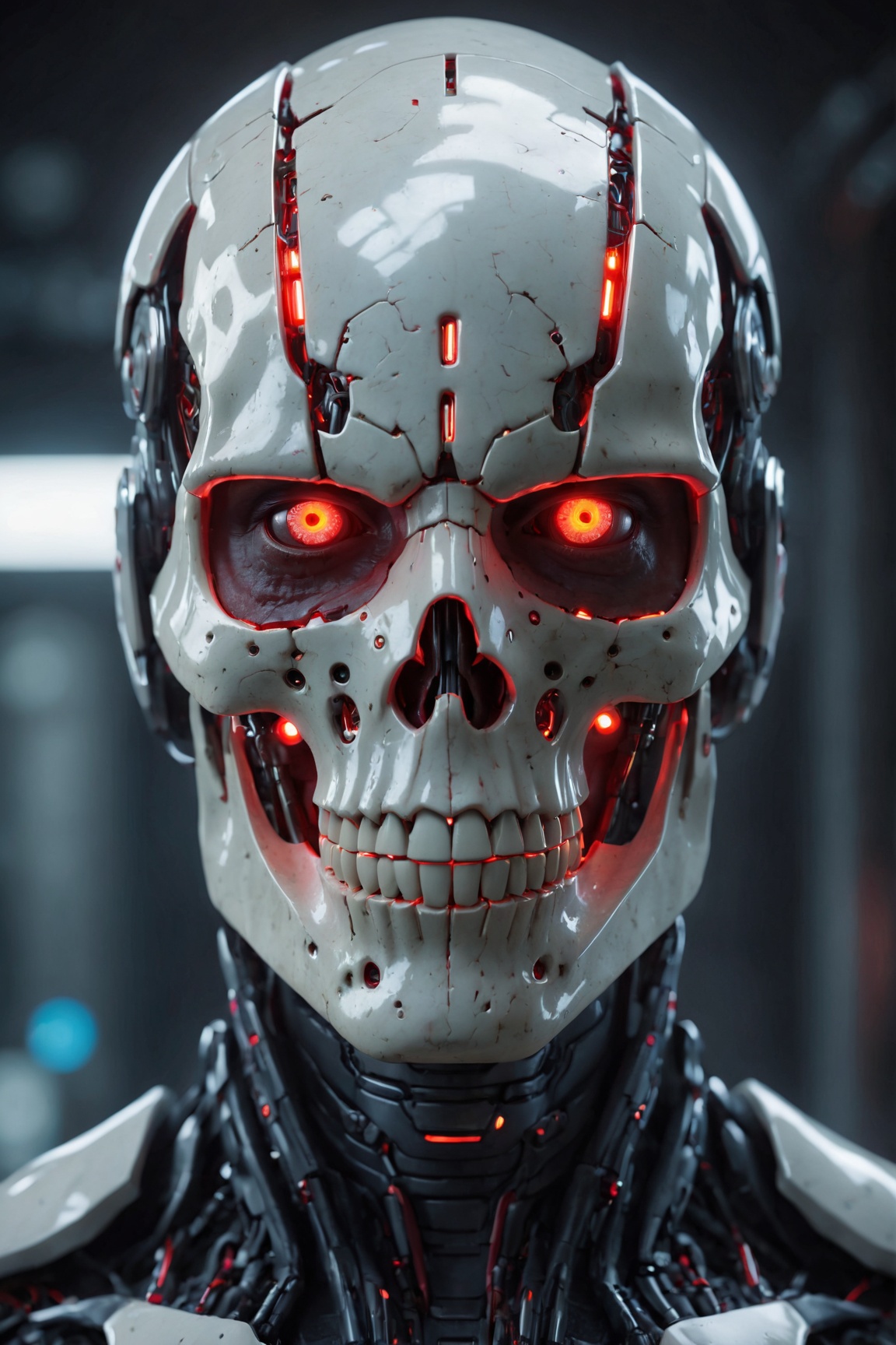 (best quality, 4k, 8k, highres, masterpiece:1.2), ultra-detailed, (realistic, photorealistic, photo-realistic:1.37), solo,looking at viewer,red eyes,1boy,upper body,male focus,glowing,glowing eyes,science fiction,skull,cyborg,mechanical parts