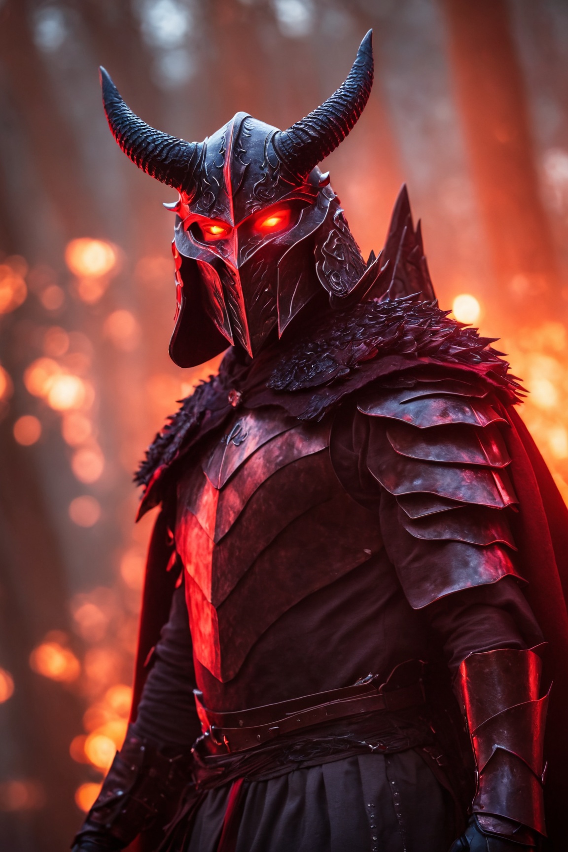 realistic, photo, film grain, black dragonborn, solo, red eyes, male, upper body, male focus, horns, cape, armor, glowing, glowing eyes, volumetrics dtx, (film grain, blurry background, blurry foreground, bokeh, depth of field, motion blur, realistic:1.3), ((masterpiece, best quality))