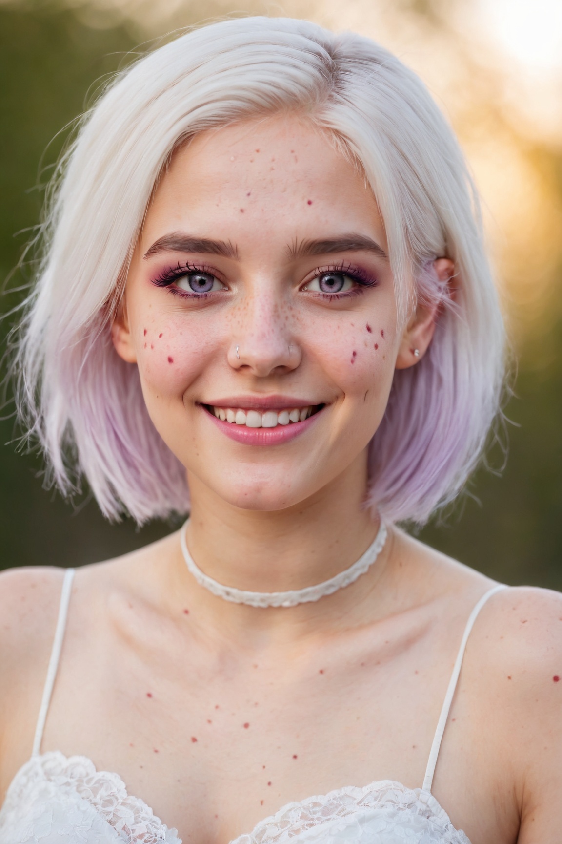 (best quality,8K,highres,masterpiece), ultra-detailed, (realistic portrait), 1girl, heart-shaped pupils, white hair, purple eyes, (blush:1.1), choker, upper body, trembling, sweat, sweatdrop, heart, (medium breasts:0.6), love, heart, crop top, happy, smile, lace, bokeh, (freckles:0.8), natural skin texture, portrait