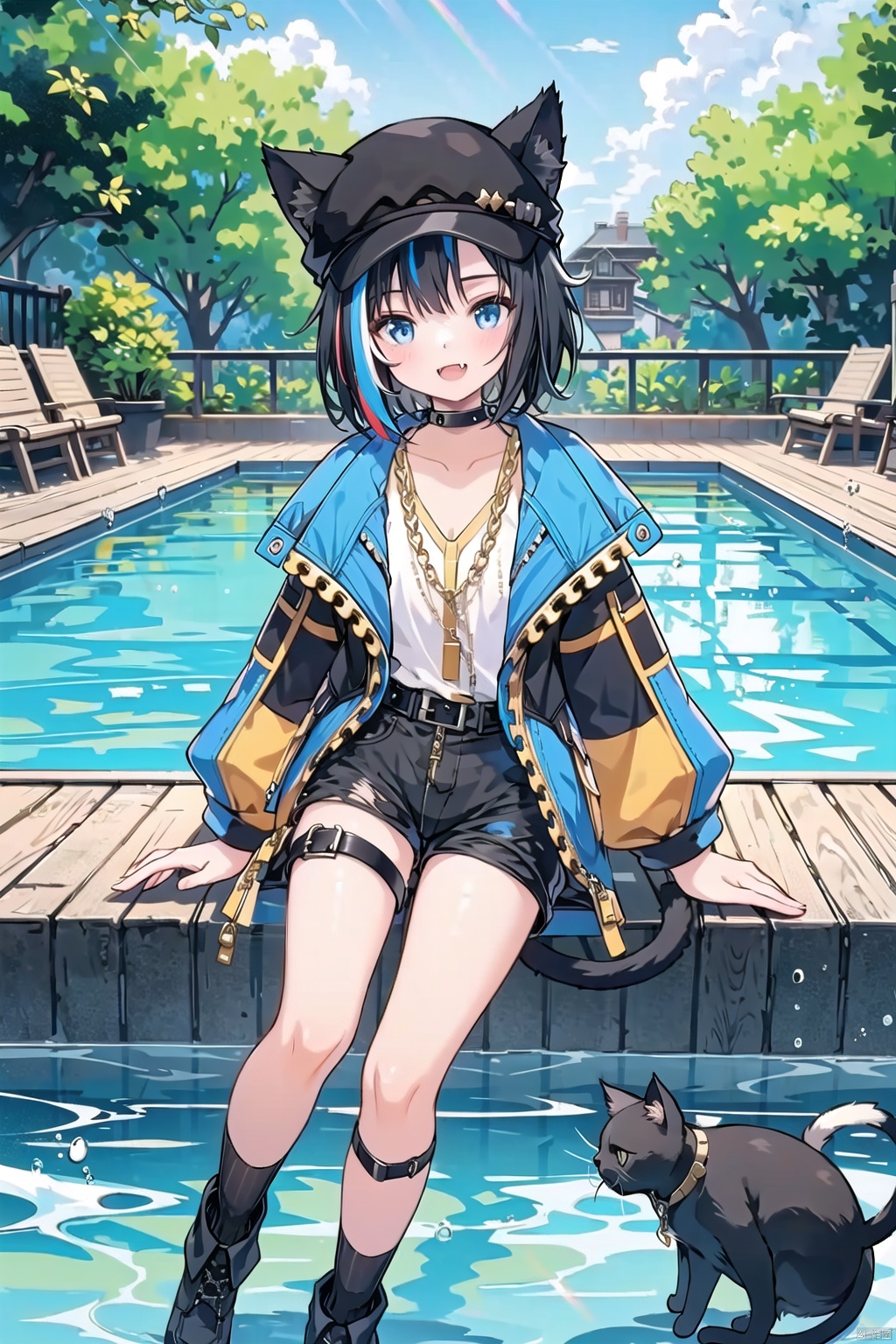  ((1girl)), ((cat)), ((black cat)), ((cat girl)), ((black-hair)), ((black hat)), ((cat ears)), ((black cat ears)), ((short-hair)), ((blue streaked hair)), ((blue eyes, fang)), ((cat tail)), ((black cat tail)), ((choker)), ((belt collar)), ((open coat)), ((blue coat)), ((necklace)), ((gold necklace)), ((white t-shirt)), ((belt bow)), ((short shorts)), ((silk socks)), ((single sock)), ((torn silk sock)), ((black silk sock)), ((asymmetrical socks)), ((zipper)), ((thigh strap)), ((black shoes)), ((garter straps)), ((nsfw)), ((outside)), ((garden)), ((park)), ((pool)), ((water)), ((playing water)), ((sunny)), ((sunshine))