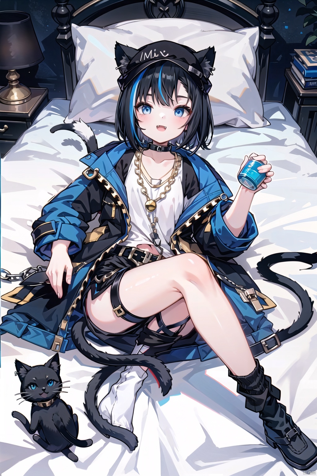  ((1girl)), ((cat)), ((black cat)), ((cat girl)), ((black-hair)), ((black hat)), ((cat ears)), ((black cat ears)), ((short-hair)), ((blue streaked hair)), ((blue eyes, fang)), ((cat tail)), ((black cat tail)), ((choker)), ((belt collar)), ((open coat)), ((blue coat)), ((necklace)), ((gold necklace)), ((white t-shirt)), ((belt bow)), ((short shorts)), ((silk socks)), ((single sock)), ((torn silk sock)), ((black silk sock)), ((asymmetrical socks)), ((zipper)), ((thigh strap)), ((black shoes)), ((garter straps)), ((bedroom)), ((lying on the bed)) ,((nsfw)), ((lift shirt)), ((pull pants)), ((m_legs)), ((legs open))