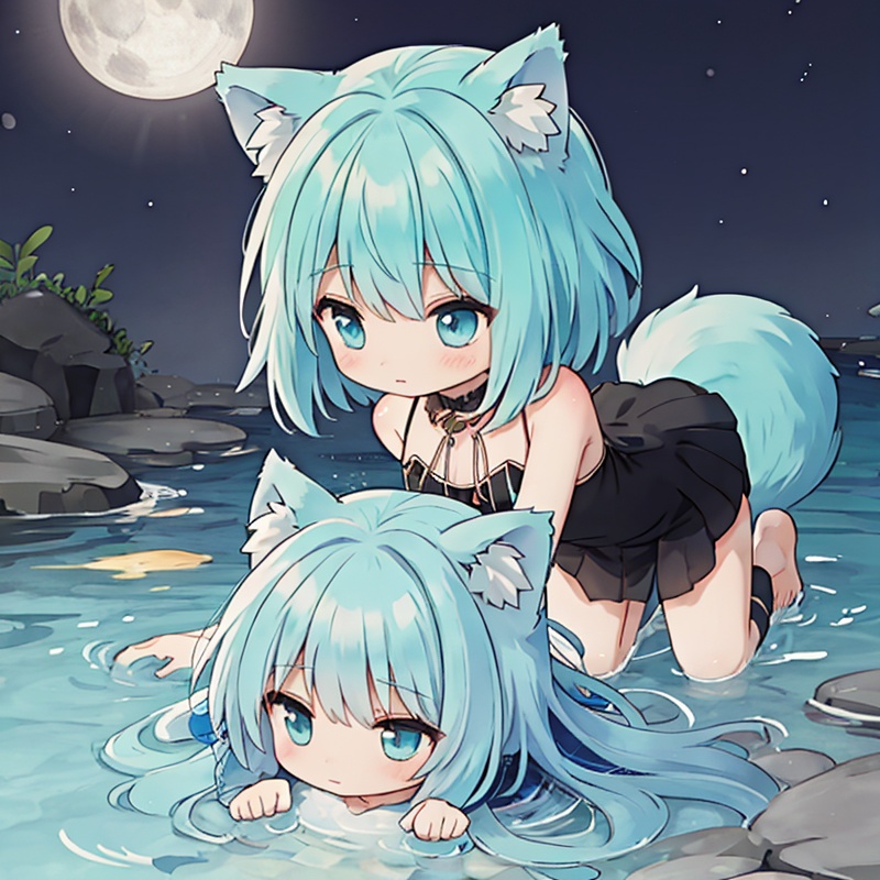 loli, chibi, wolf ears, kemonomimi mode, masterpiece, best quality, on stomach, top-down bottom-up, aqua theme