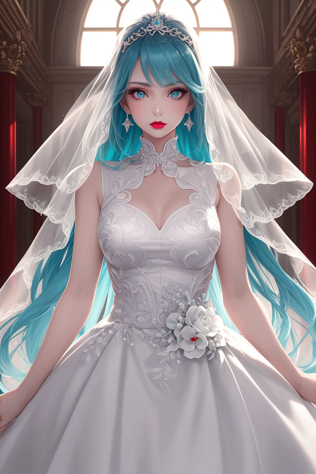 1 girl, solo,thin and tall, aqua eyes, multicolored eyes, ((Eye highlight)), ((Red glossy lip gloss)), Earrings, bangs, long hair,wedding dress,(((masterpiece,best quality))),((good structure)),((Good composition)), ((clear, original,beautiful)), (clear details, clear light,clear structure), 
