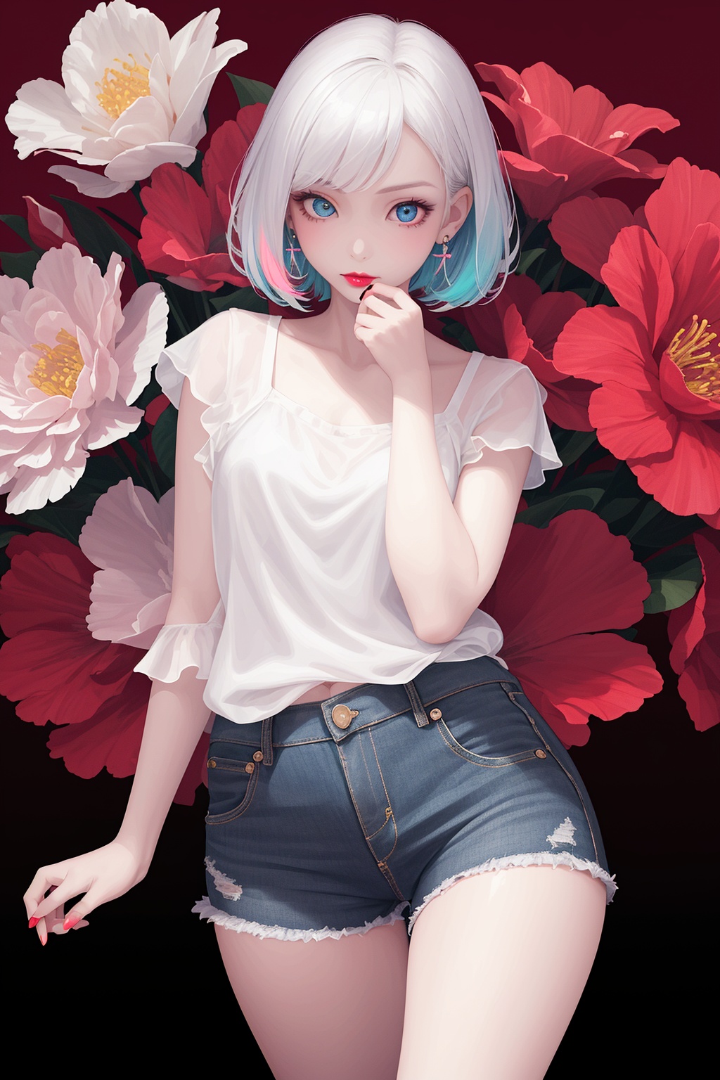 1 girl, solo,thin and tall,loli, aqua eyes, multicolored eyes, ((Eye highlight)), ((Red glossy lip gloss)), Earrings, bangs,flower theme,pink short hair,jeans theme,dark background,(((masterpiece,best quality))),((good structure)),((Good composition)), ((clear, original,beautiful)), (clear details, clear light,clear structure), 