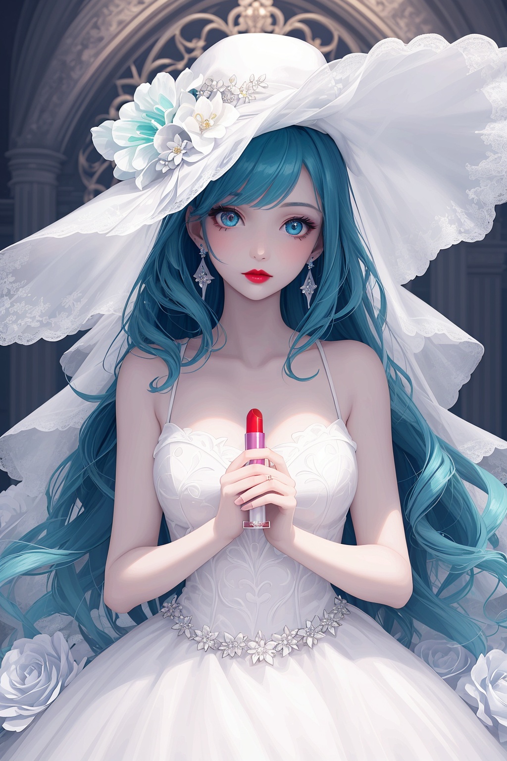 1 girl, solo,thin and tall, aqua eyes, multicolored eyes, ((Eye highlight)), ((Red glossy lip gloss)), Earrings, bangs, long hair,wedding dress,Wedding Hat,flowertheme,(((masterpiece,best quality))),((good structure)),((Good composition)), ((clear, original,beautiful)), (clear details, clear light,clear structure), 