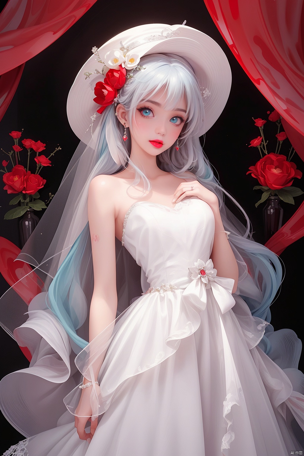  1 girl, solo,thin and tall,loli, aqua eyes, multicolored eyes, ((Eye highlight)), ((Red glossy lip gloss)), Earrings, bangs, long hair,wedding dress,Wedding Hat,flowertheme,
(((masterpiece,best quality))),((good structure)),((Good composition)), ((clear, original,beautiful)), (clear details, clear light,clear structure),