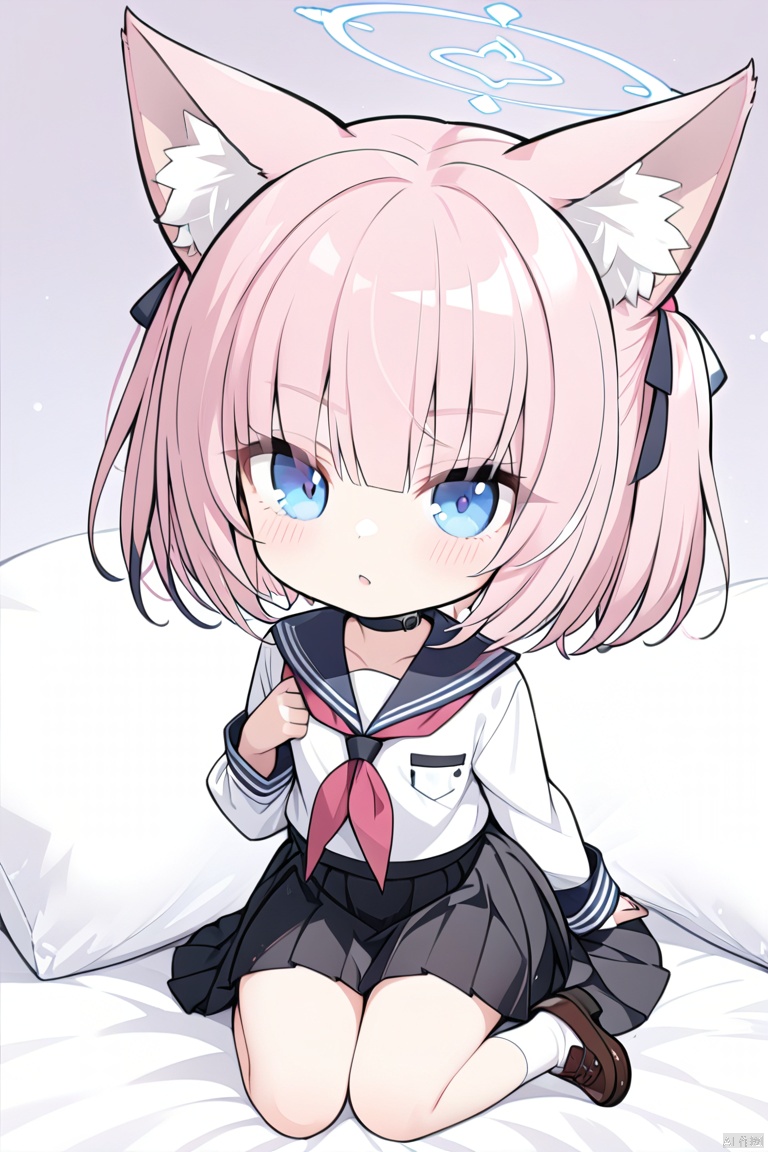  1girl,solo,(masterpiece:1.3),( beautiful:1.2),(high quality:1.2),(finely detailed:1.2),extremely detailed CG unity 8k wallpaper,best quality,animal ears,black skirt,blue eyes,fox ears,pink hair,serafuku,shirt,short hair,
(halo),full body,(chibi),cute, (yuzu:1.2), 
