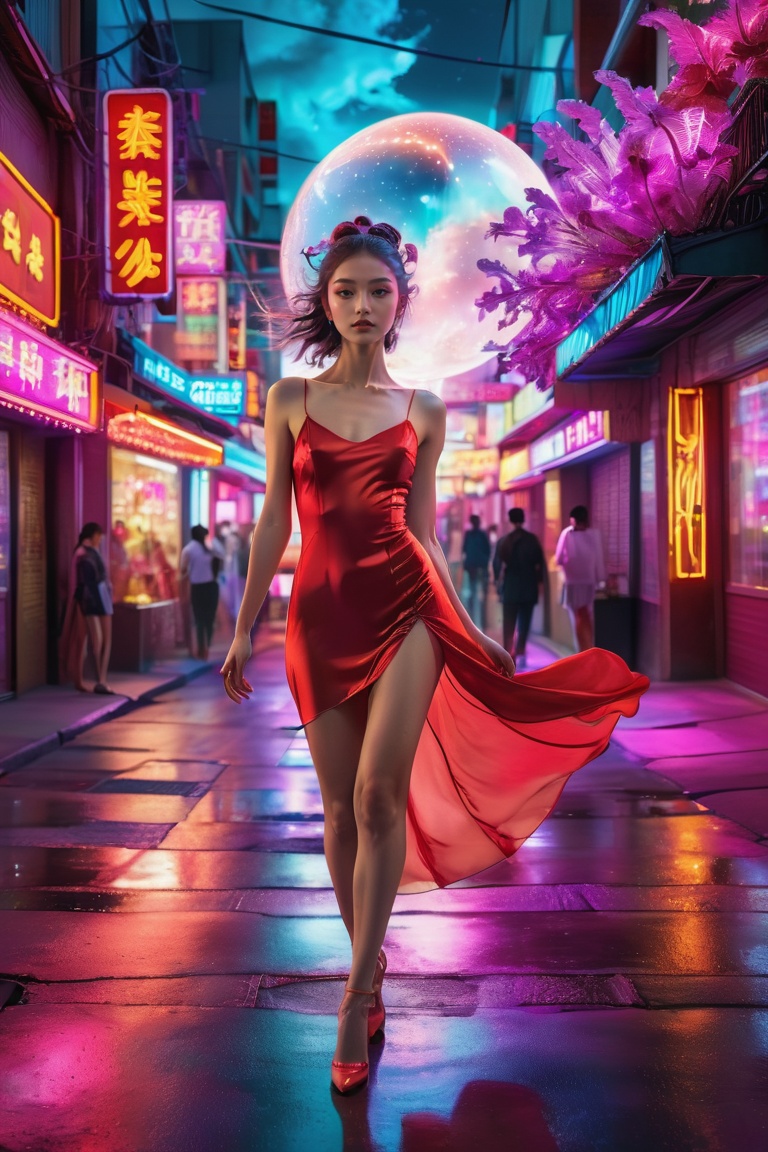 a woman in a red dress,  full body,  pose the middle of the street with neon lights on Tensor.Art