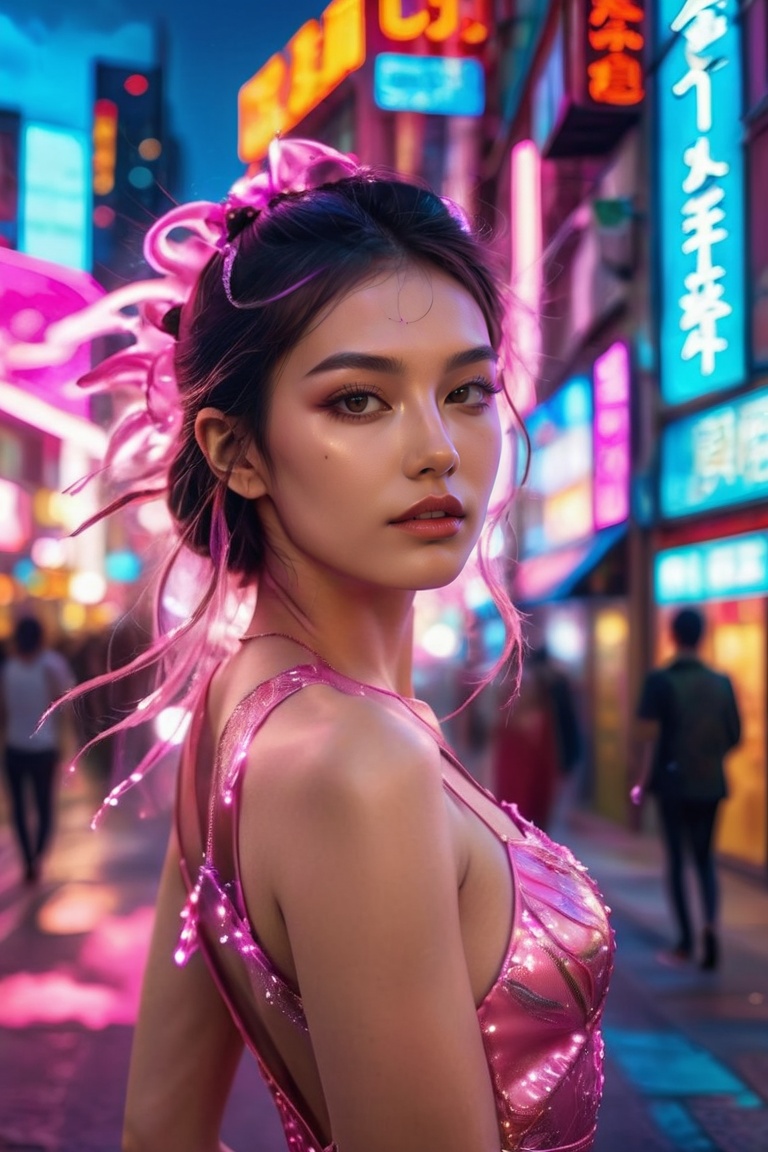 a woman in a pink dress,  pose the middle of the street,  wearing glass on Tensor.Art