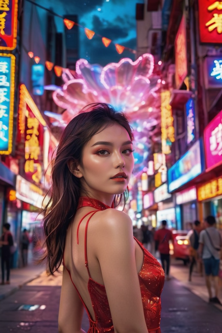 a woman in a red dress,  pose the middle of the street with neon lights,  wearing glass on Tensor.Art