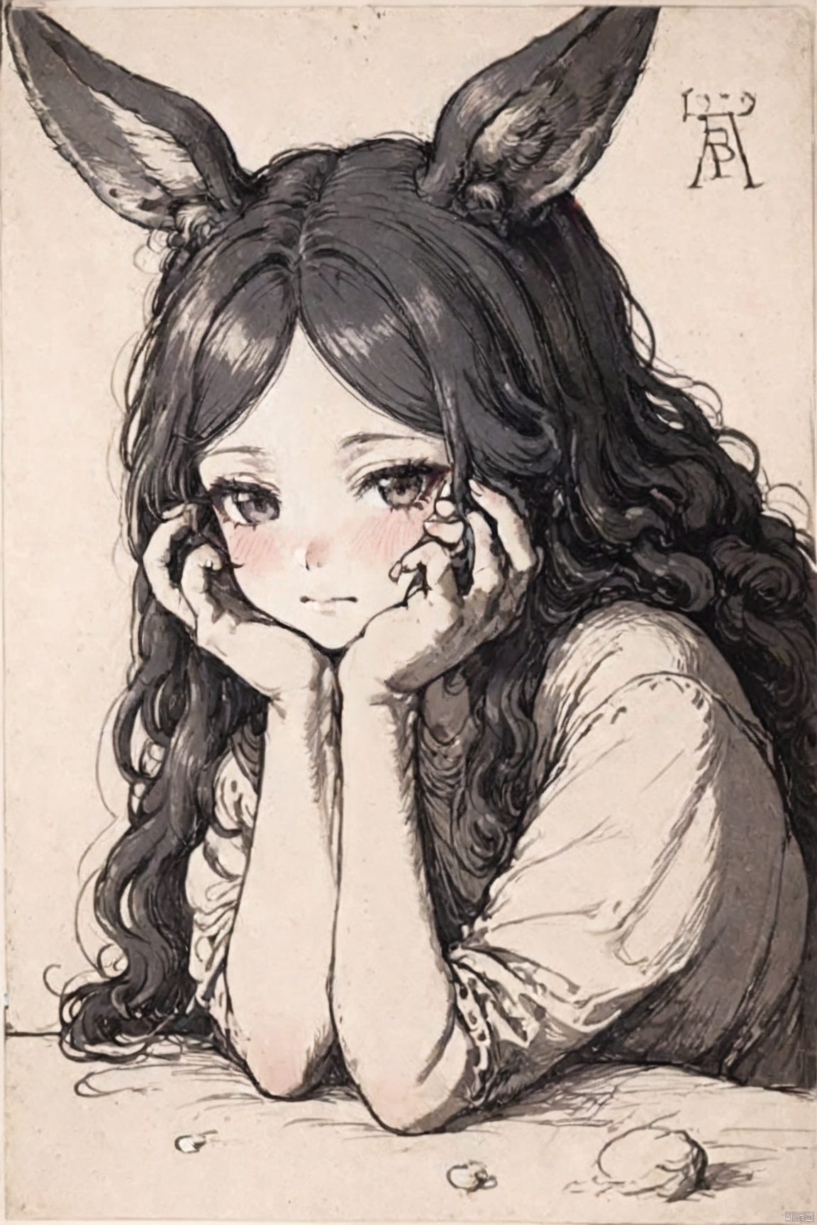  hands on face,seductive leaning forward detailed skin,((black hair)),(1girl, beautiful korean girl bunney ears),sketch, lines