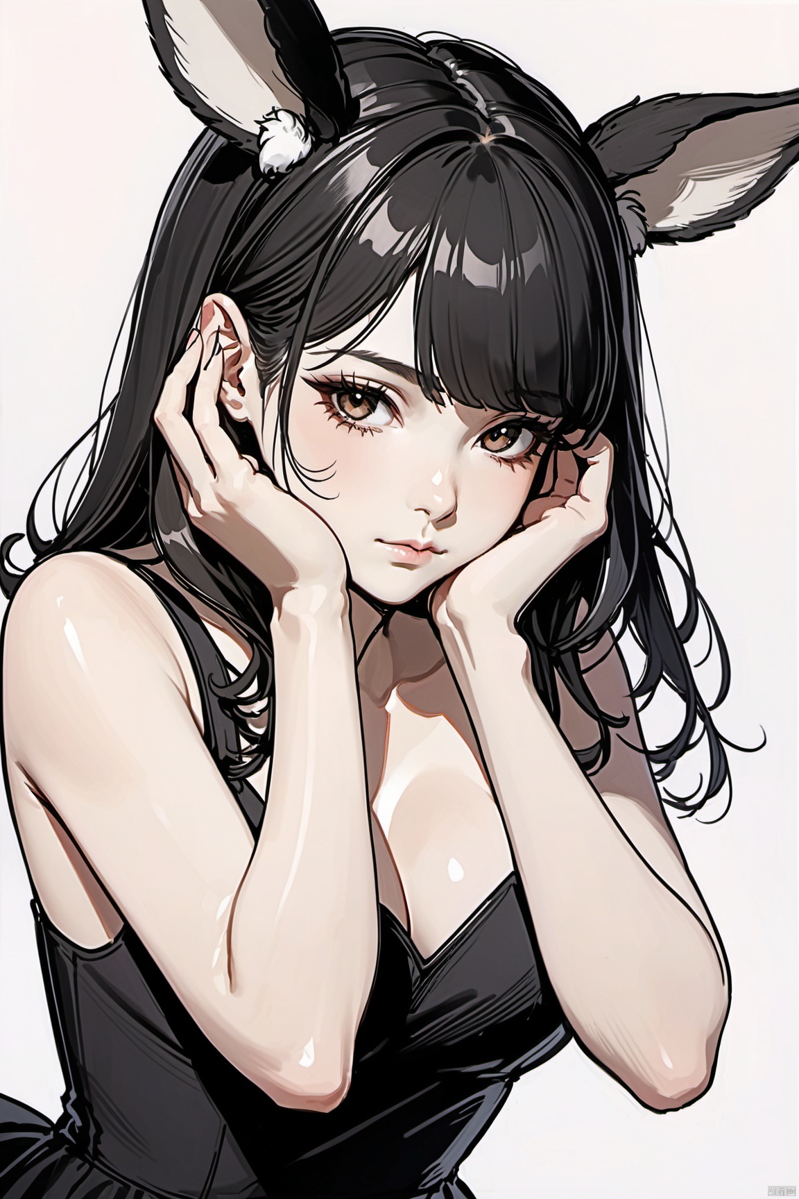  hands on face,seductive leaning forward detailed skin,((black hair)),(1girl, beautiful korean girl bunney ears),sketch, lines
