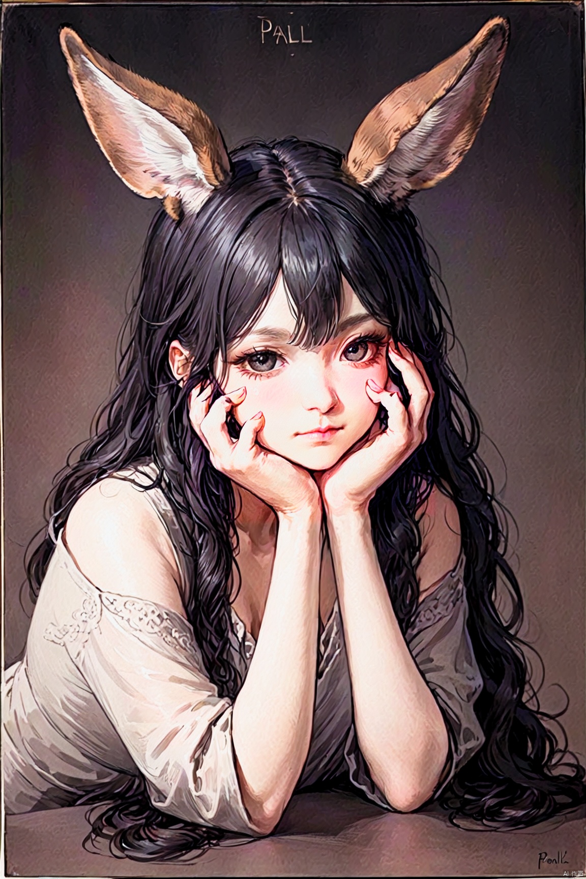  hands on face,seductive leaning forward detailed skin,((black hair)),(1girl, beautiful korean girl bunney ears),((poakl)),, ((poakl)), lines