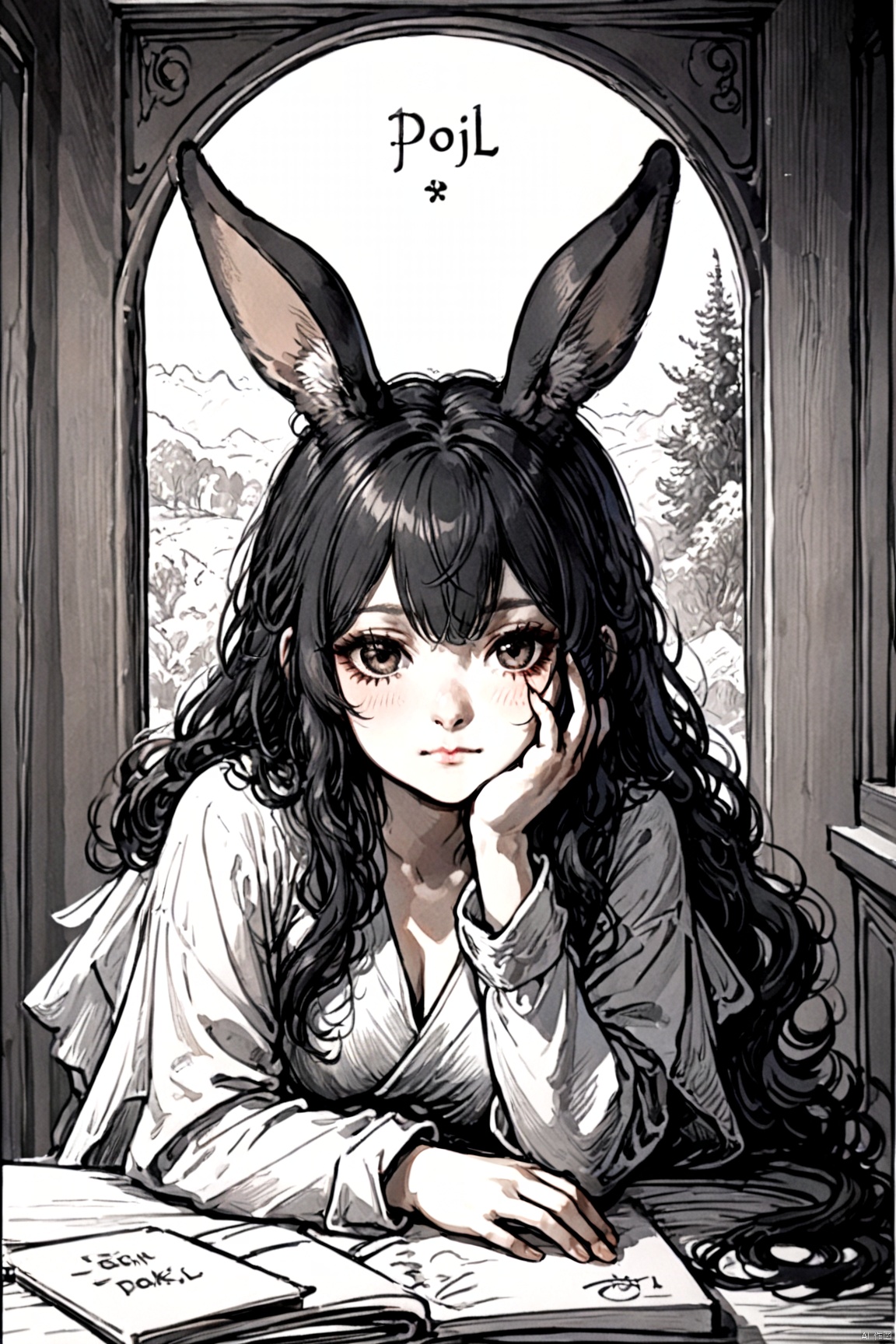 hands on face,seductive leaning forward detailed skin,((black hair)),(1girl, beautiful korean girl bunney ears),((poakl)),, ((poakl)), lines