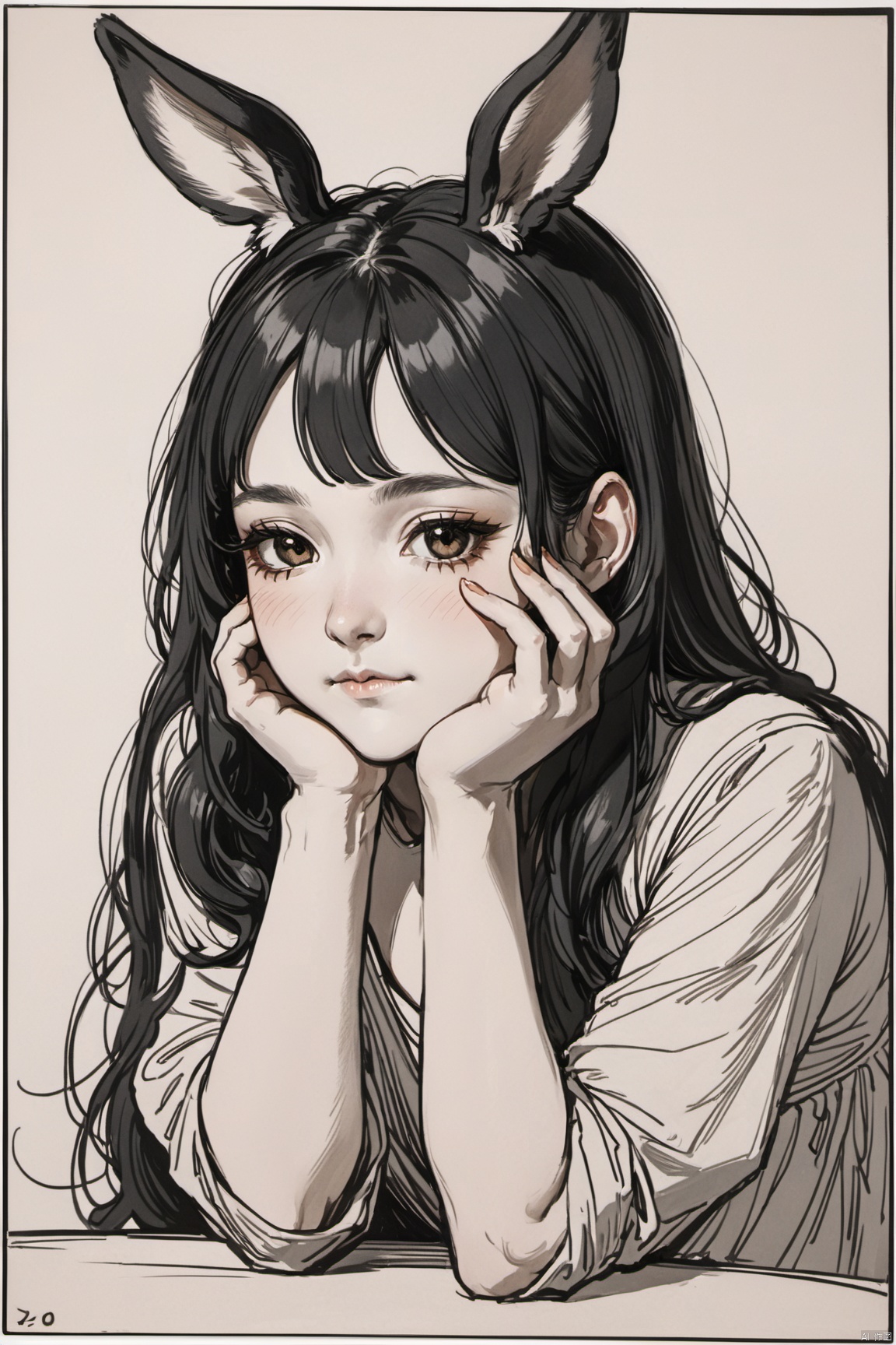  hands on face,seductive leaning forward detailed skin,((black hair)),(1girl, beautiful korean girl bunney ears),sketch, lines