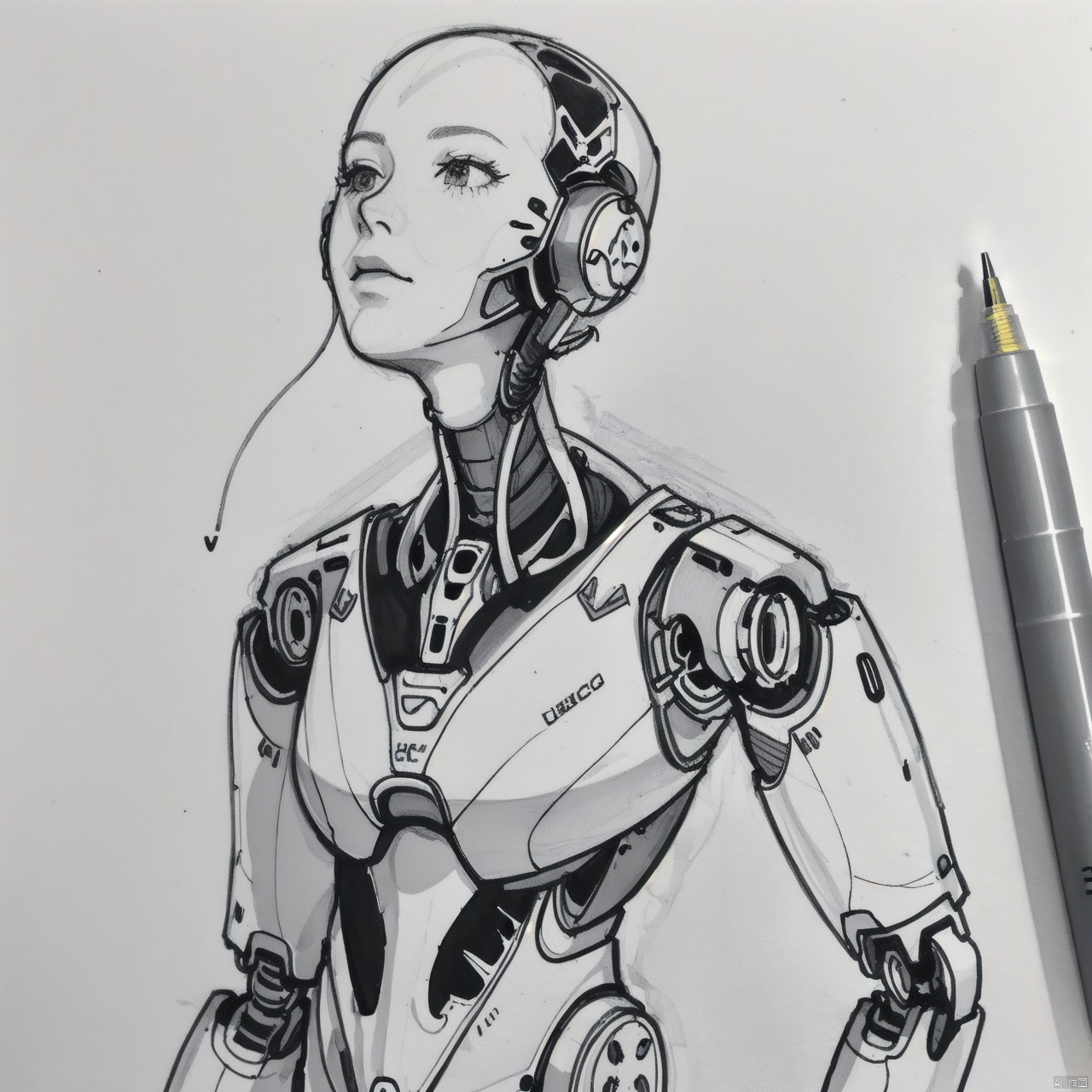  white background, monochrome, no humans, traditional media, robot,science fiction, pen, cable, pencil, marker, Pencil hand drawing,Paper texture