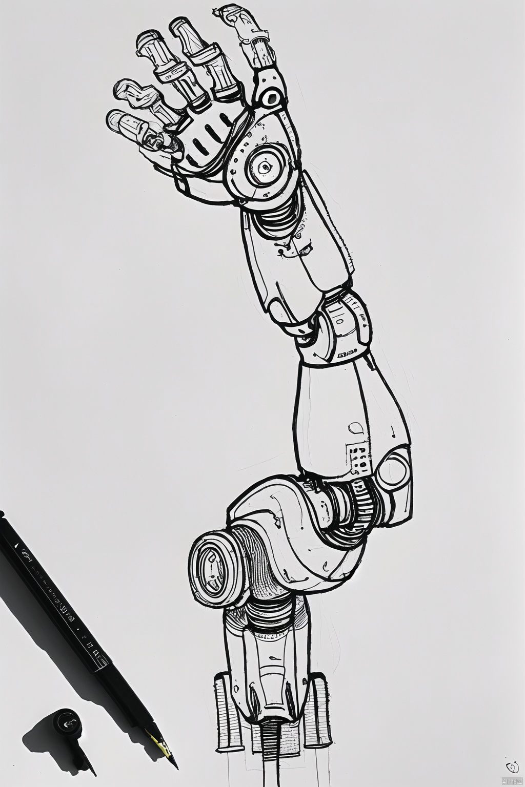  white background, monochrome, no humans, traditional media, robotic arm , pen, cable, pencil, marker, Pencil hand drawing