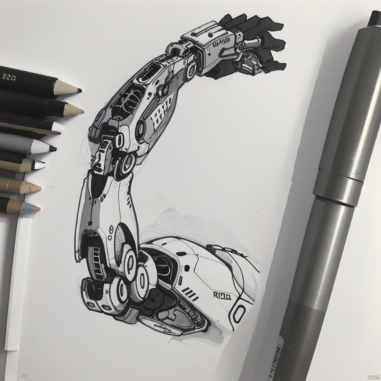  white background, monochrome, no humans, traditional media, robotic arm science fiction, pen, cable, pencil, marker, Pencil hand drawing,Paper texture