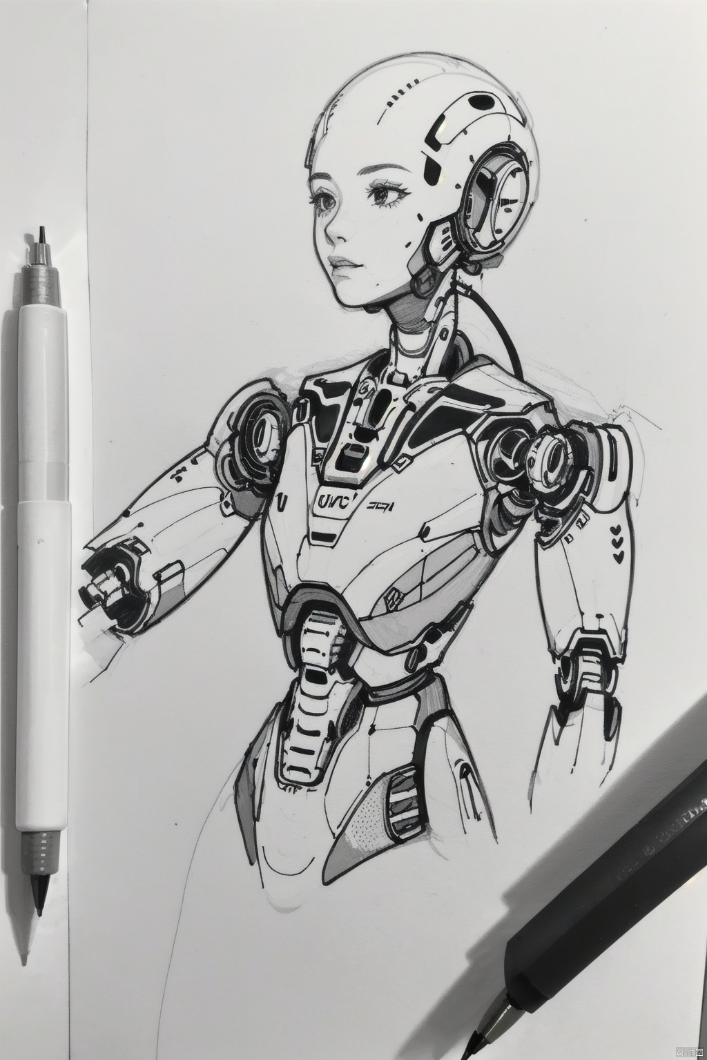 white background, monochrome, no humans, traditional media, robotic arm science fiction, pen, cable, pencil, marker, Pencil hand drawing