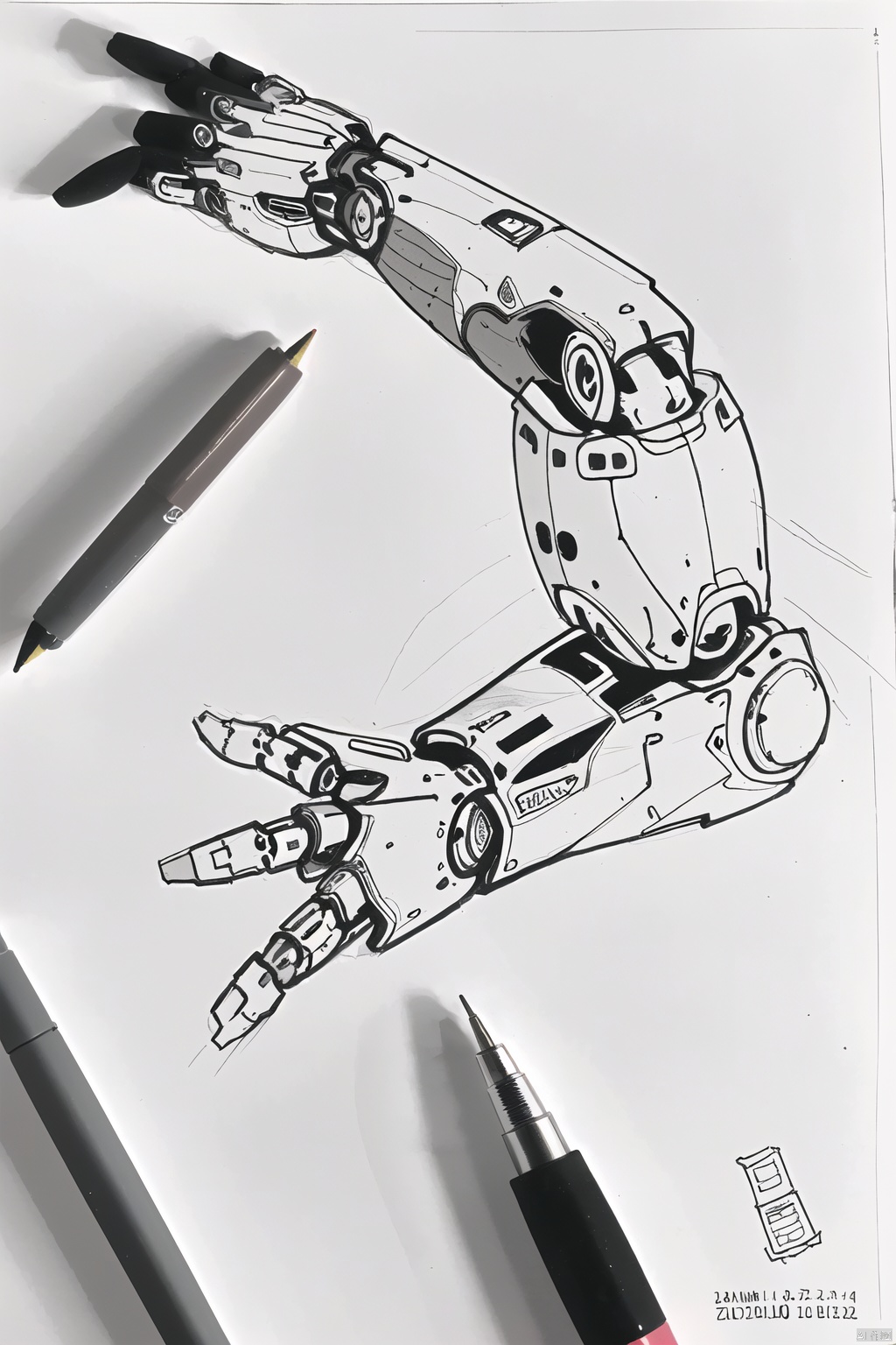  white background, monochrome, no humans, traditional media, robotic arm , pen, cable, pencil, marker, Pencil hand drawing, baimiao, product design