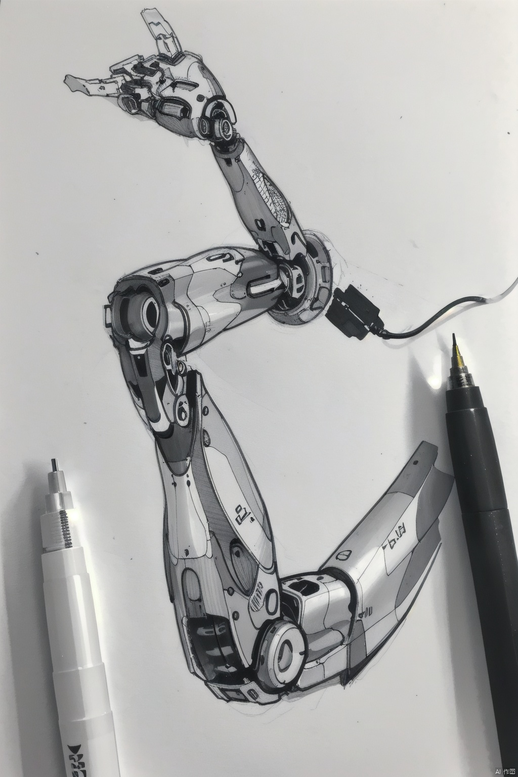  white background, monochrome, no humans, traditional media, robotic arm science fiction, pen, cable, pencil, marker, Pencil hand drawing,Paper texture