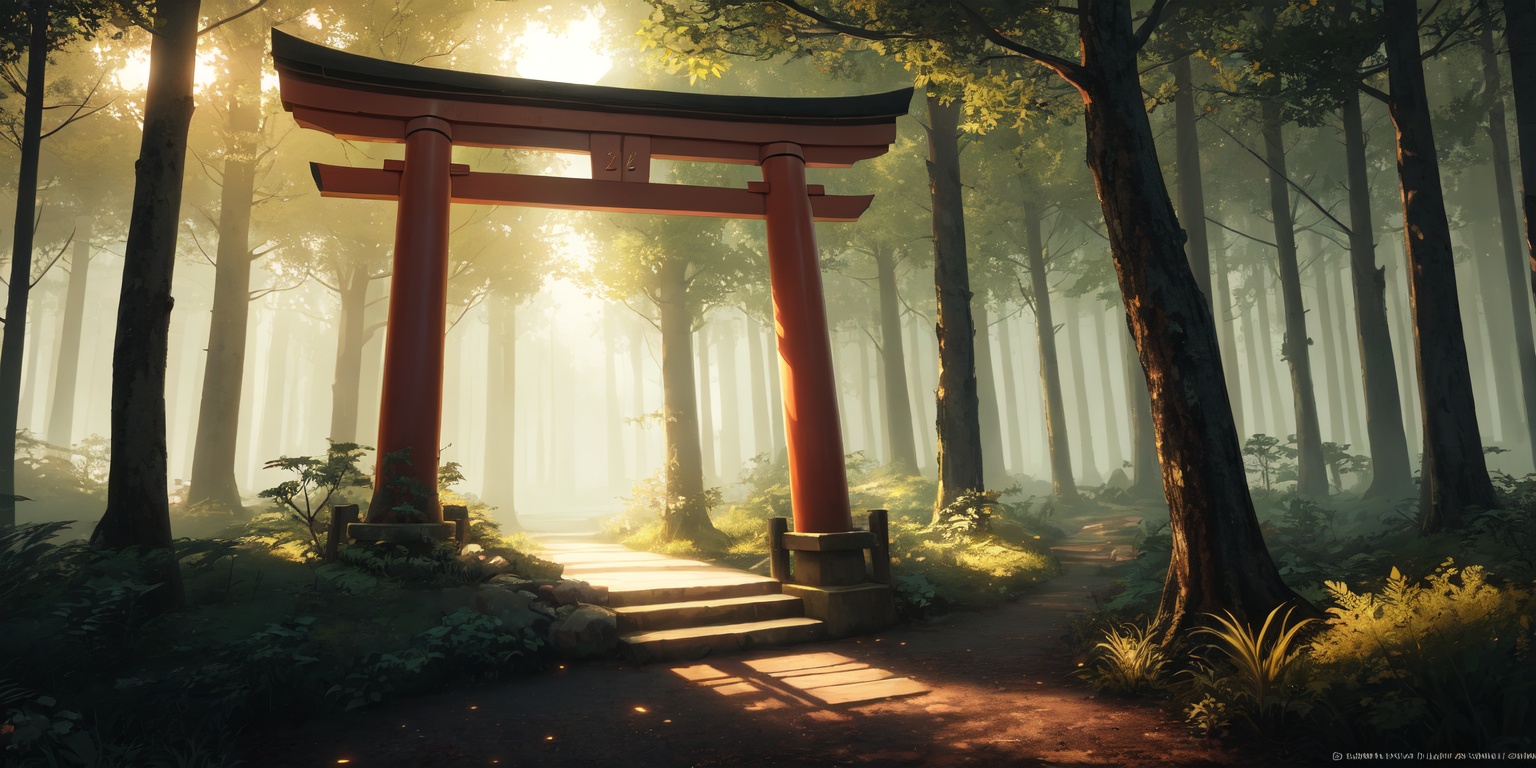 A captivating Japanese torii gate,  standing tall amidst an enchanted bioluminescent forest that emanates ethereal beauty...